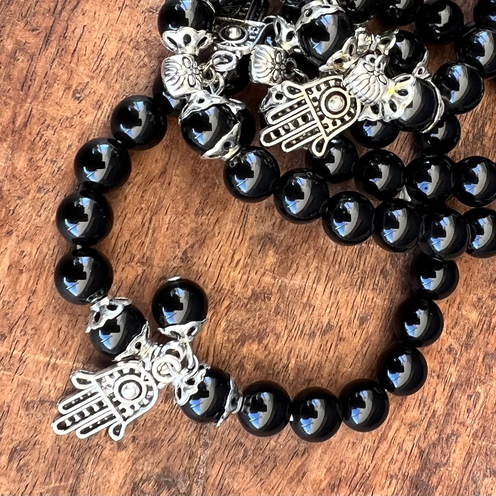 Double Protection Black Obsidian Bracelet with Hamsa Hand