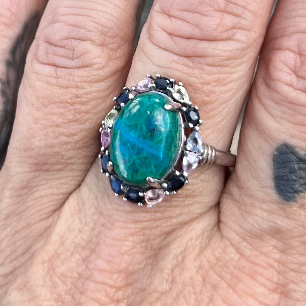 Chrysocolla & Sapphires~ Sterling Silver Ring ~ size 9