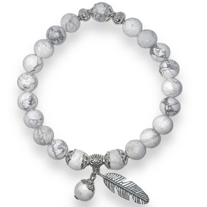 White Howlite Calming Bracelet with Feather Charm