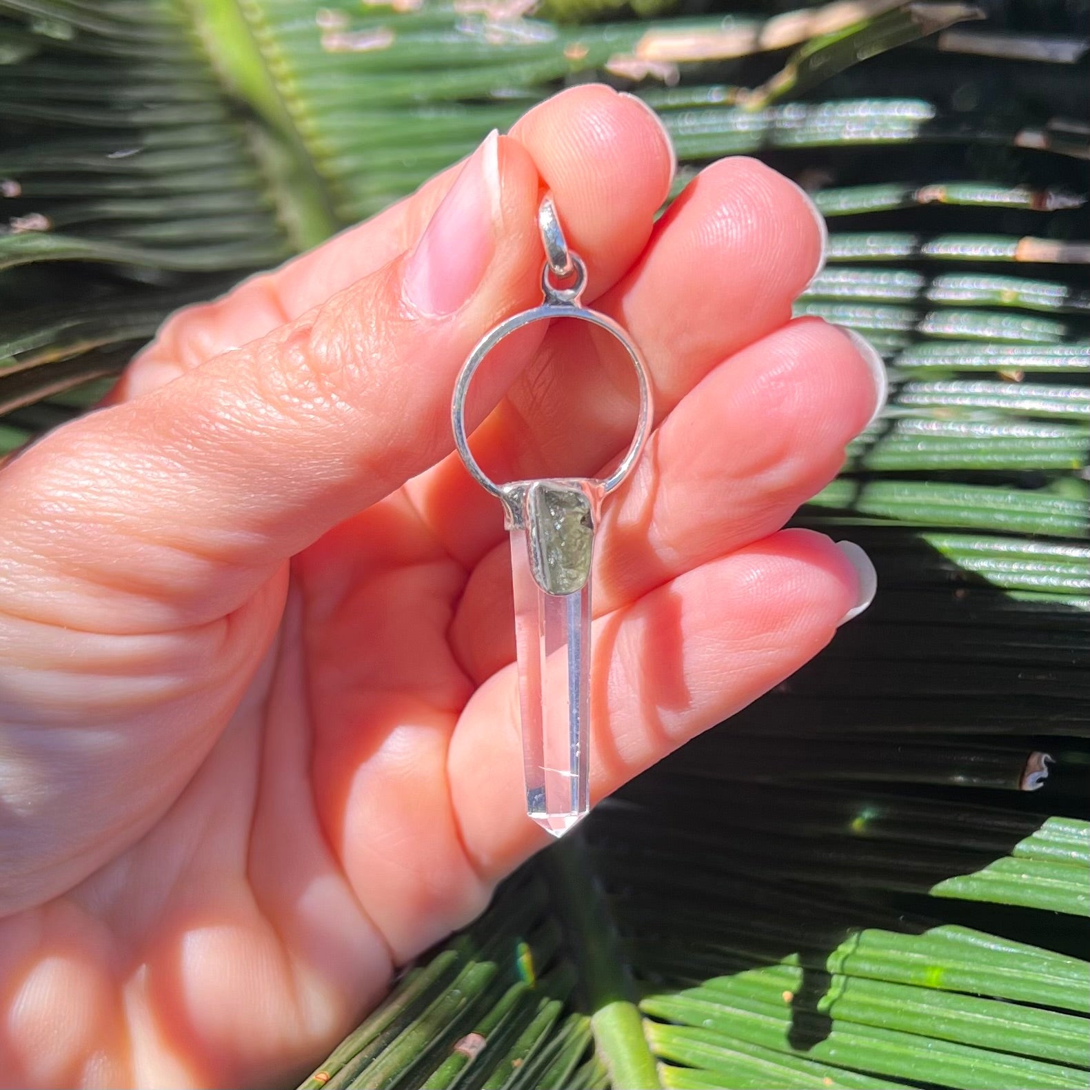 Clear Quartz with Moldavite Sterling Silver Pendant