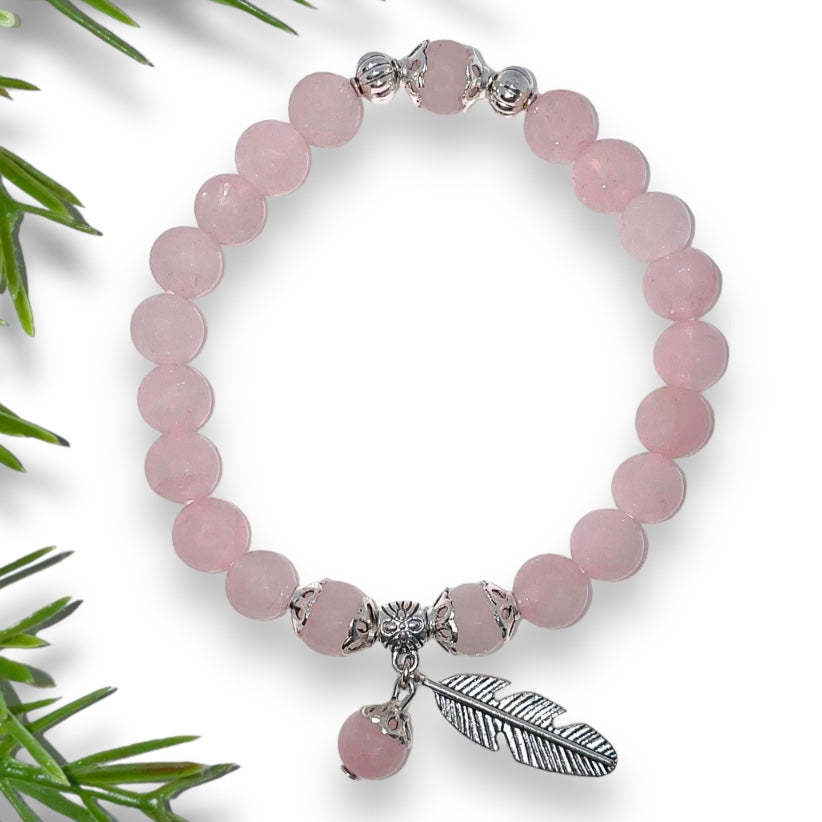 Rose Quartz Unconditional Love Bracelet with Feather Charm