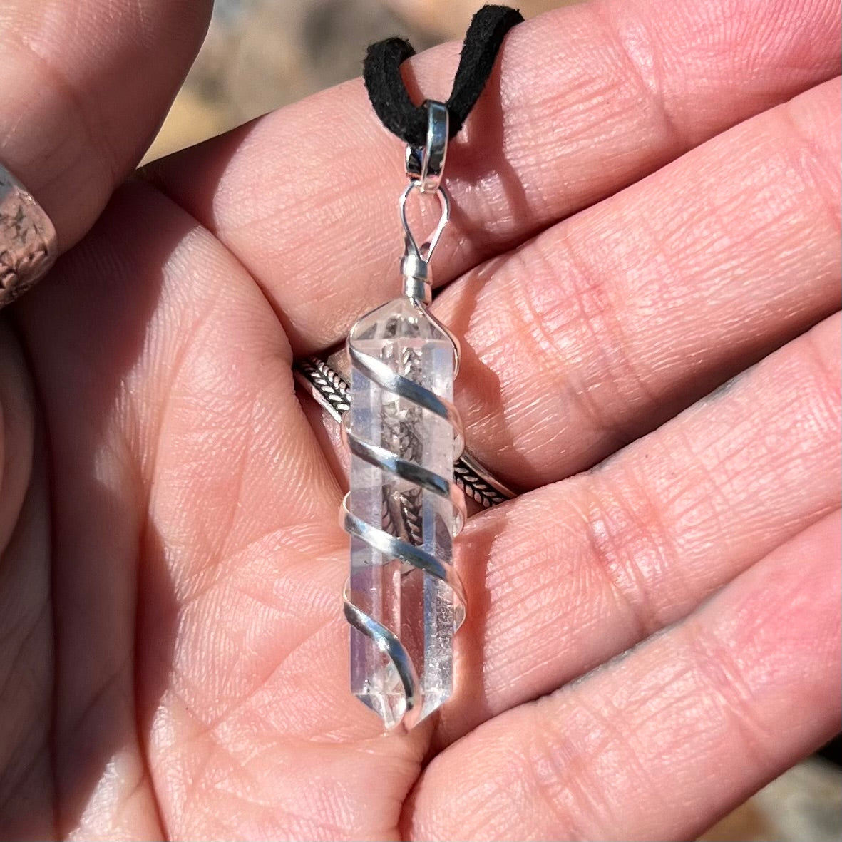 Clear Quartz Pencil Point Spiral Wrap Pendant