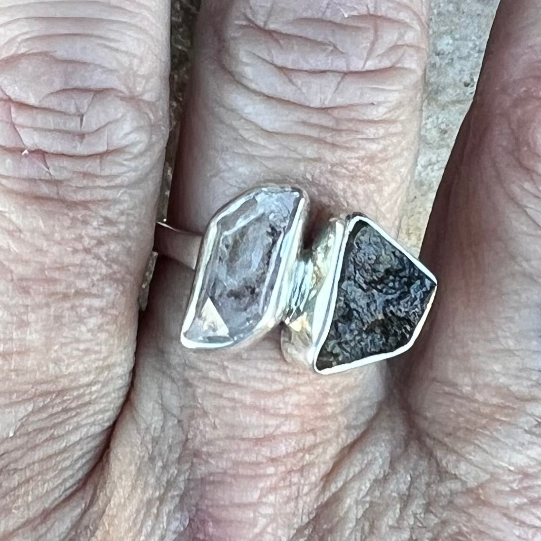 Raw Moldavite and Herkimer Diamond Ring set in Sterling Silver ~ size 7 adjustable
