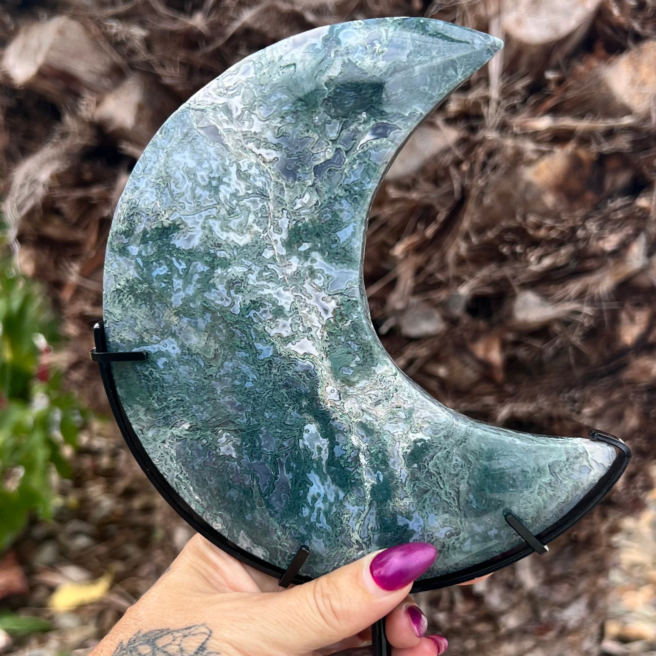 Moss Agate Crescent Moon Carving