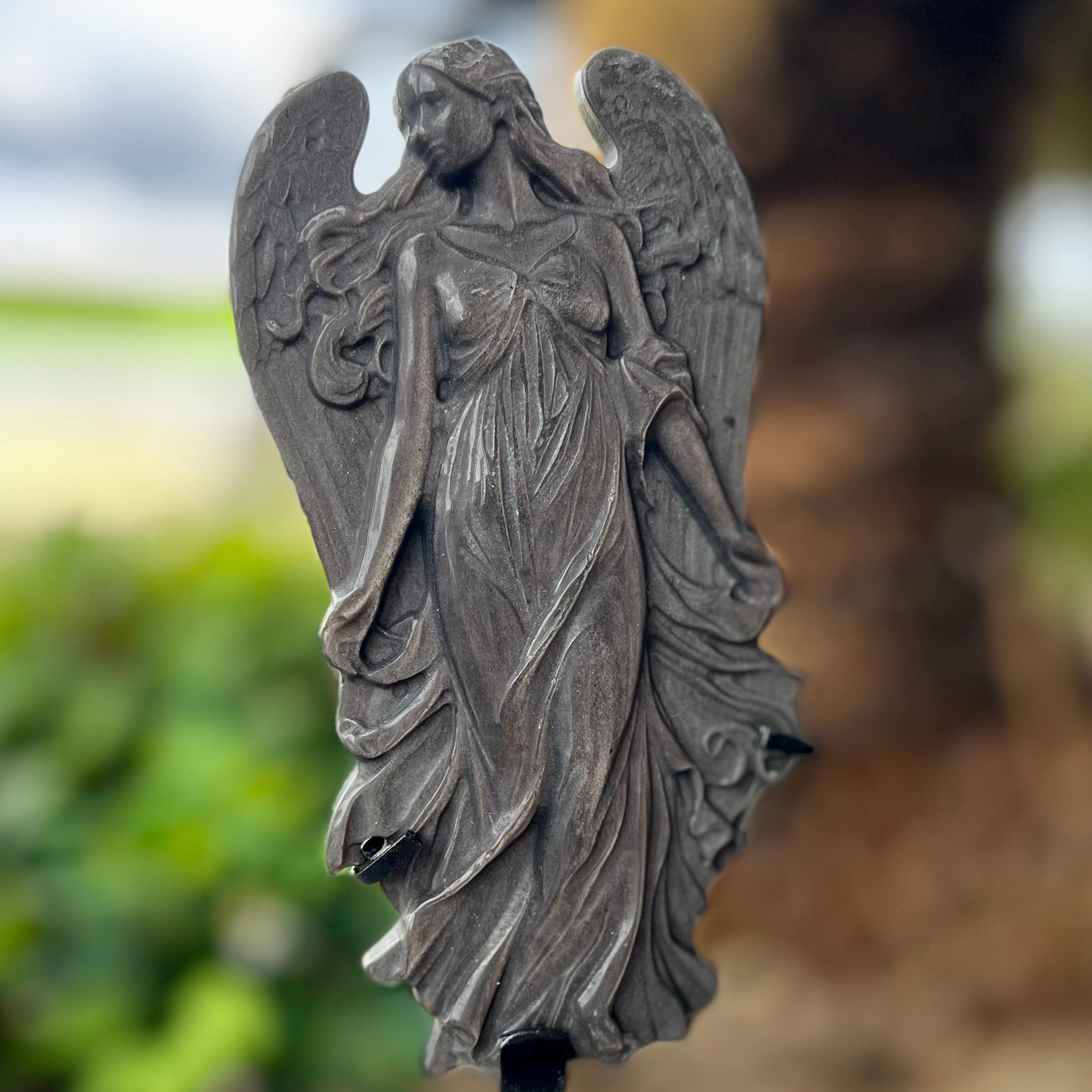 Silver Sheen Obsidian Angel Carving On Stand