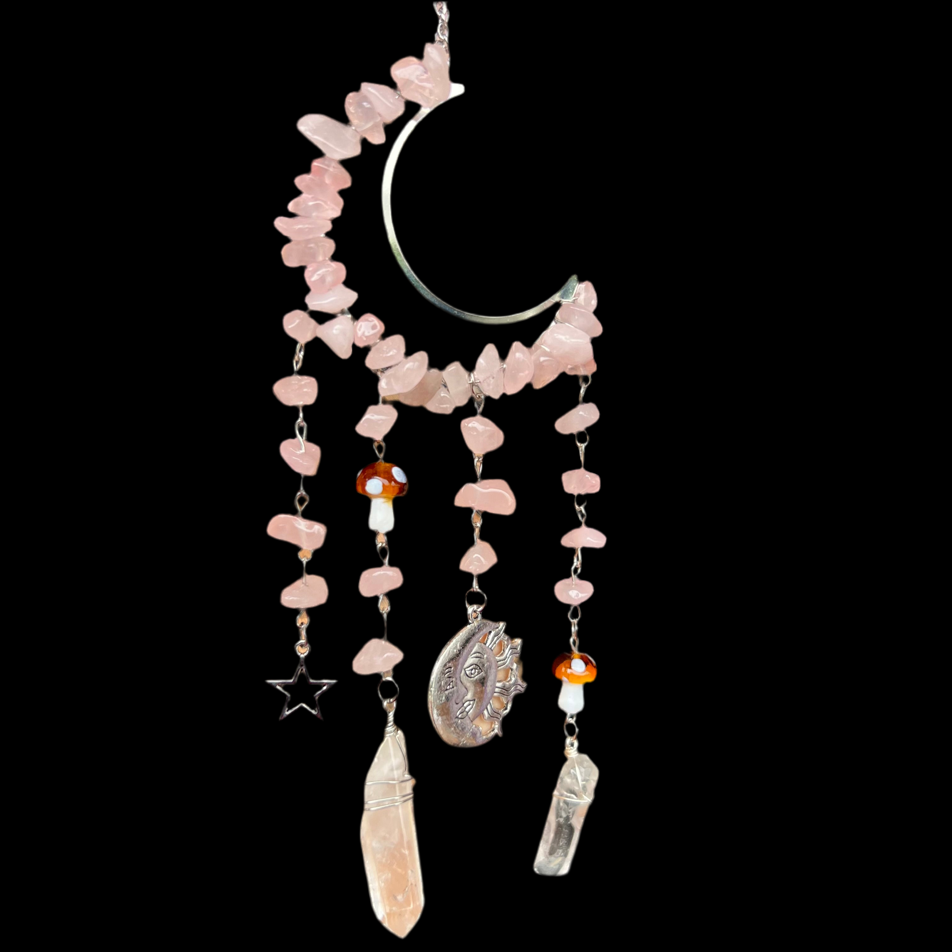 Moon & Mushroom Crystal Hanger ~ Rose Quartz