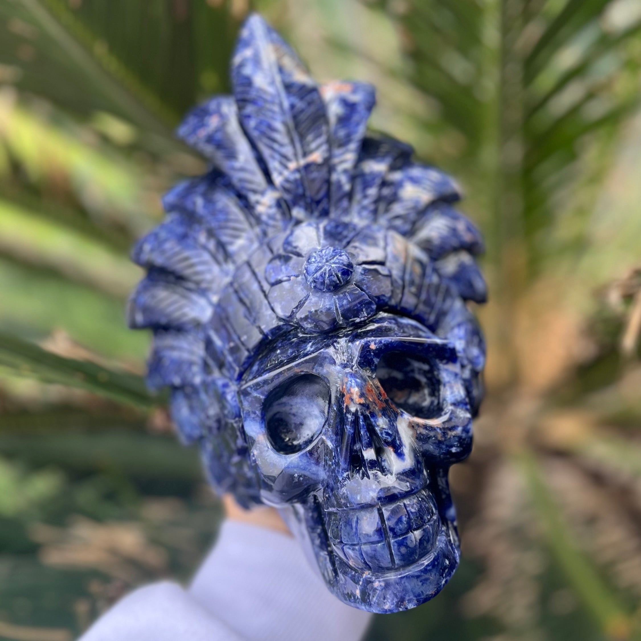 Sodalite Warrior Skull with Headdress Carving