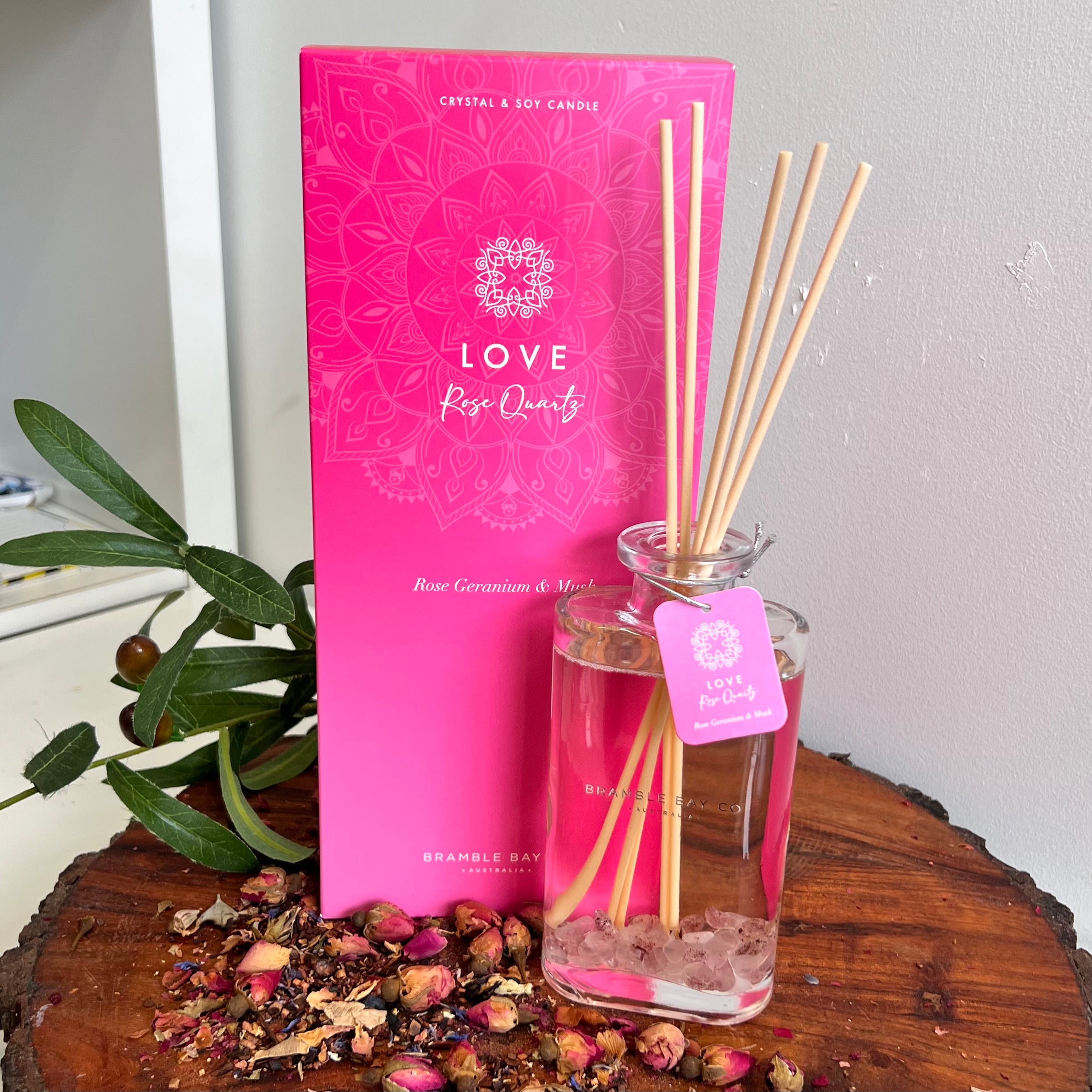 Boho Crystal Love Reed Diffuser ~ Rose Quartz ~ 
Rose Geranium & Musk