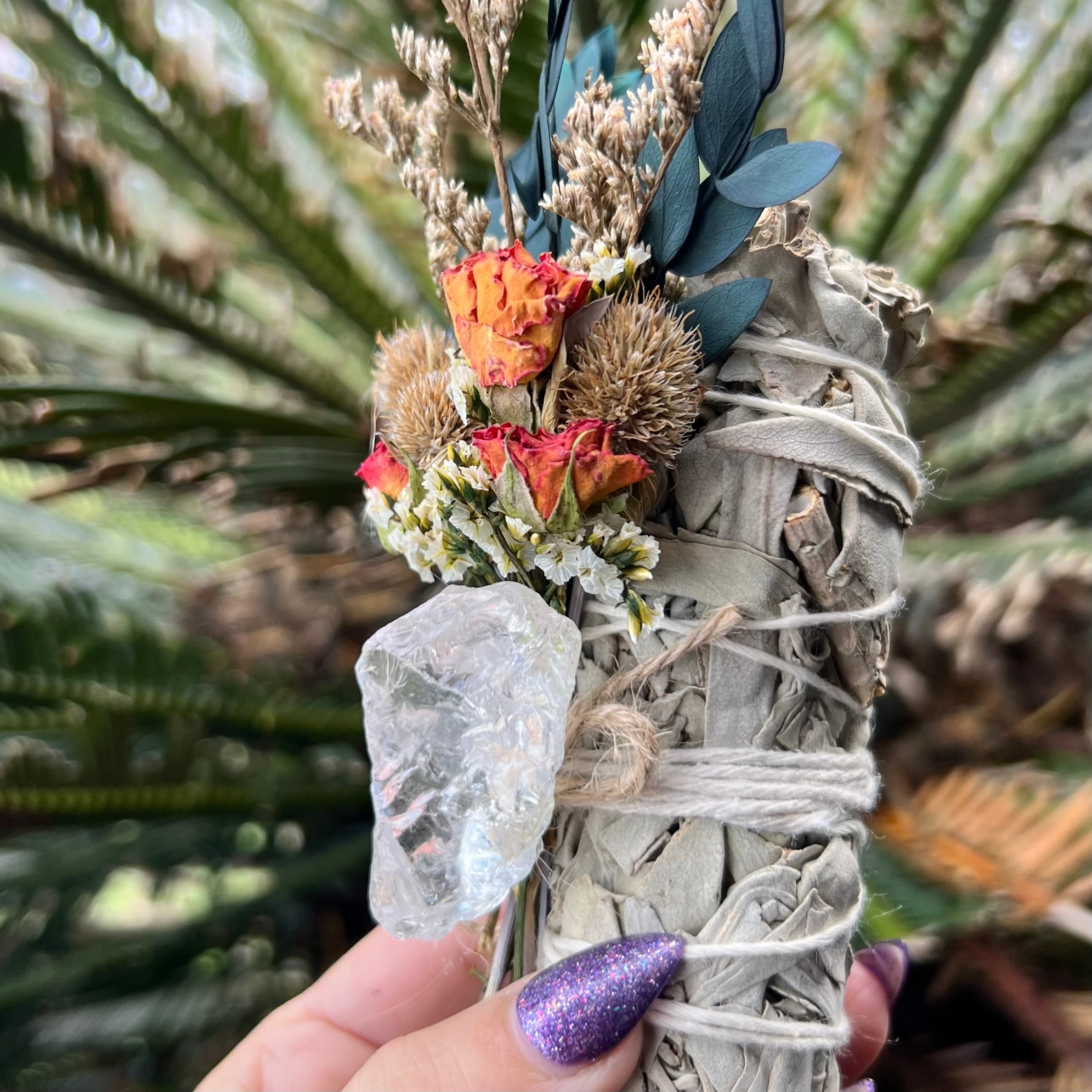 White Sage Botanical Bundle with Flowers & Clear Quartz