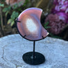 Pink Agate Crescent Moon Carving with Geode - Dyed Agate