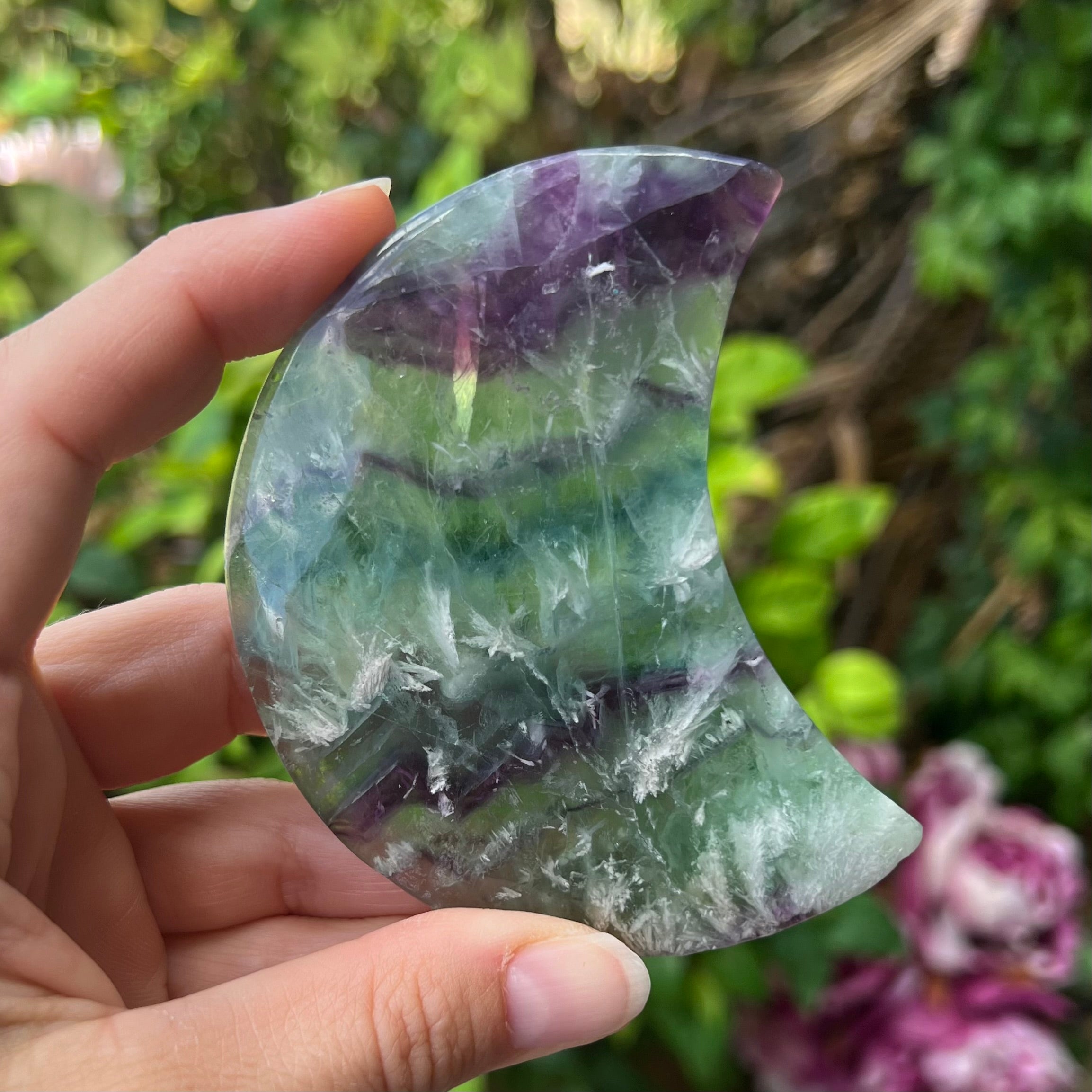 Snowflake Fluorite Moon Carving