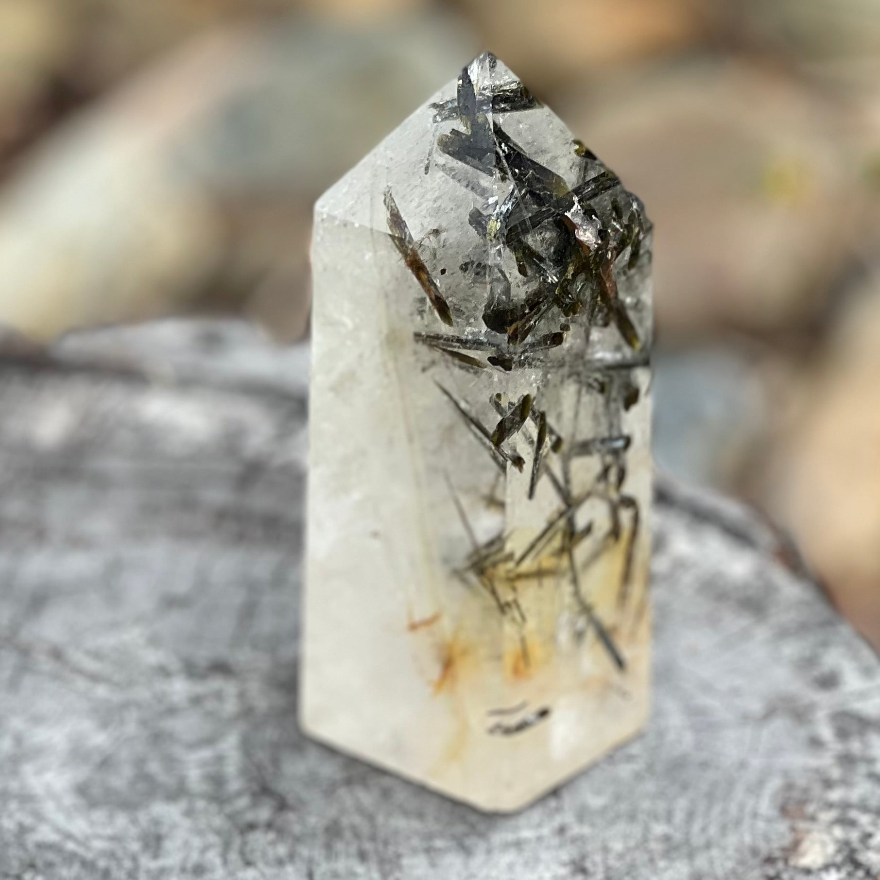 Green Tourmaline in Clear Protective Generator Quartz Tower