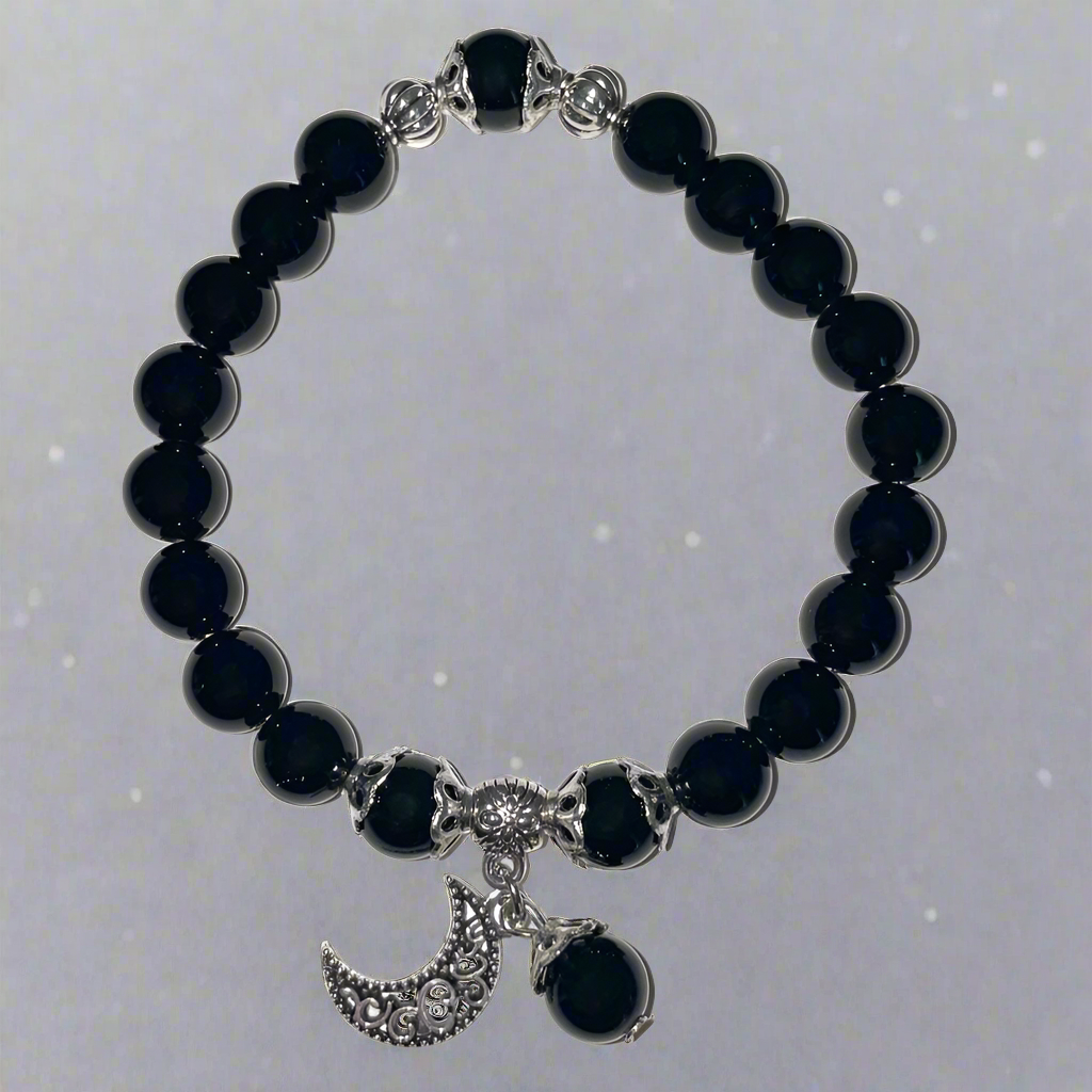 Black Obsidian Bracelet with Celestial Crescent Moon Charm