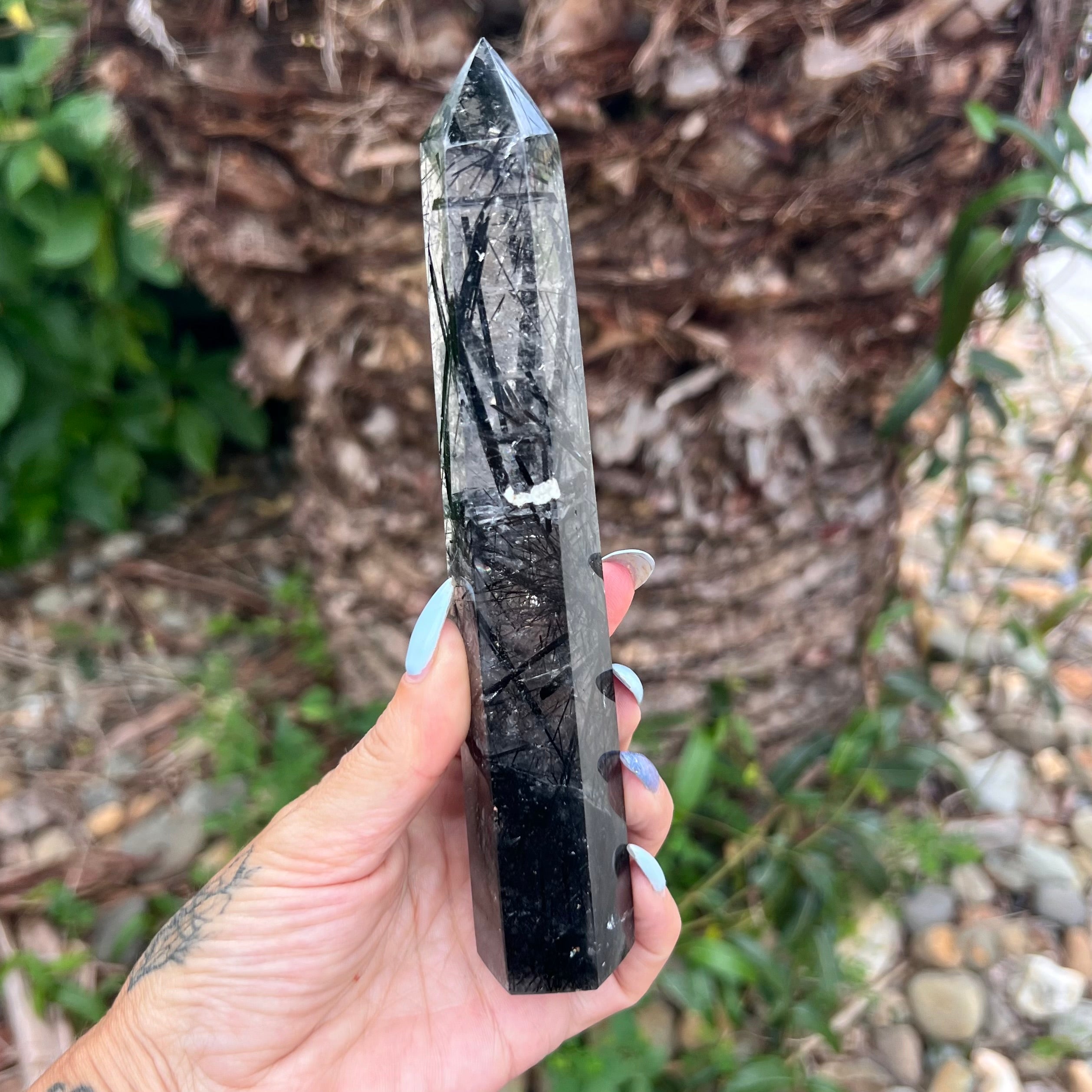 Black Tourmaline in Clear Protective Generator Quartz Tower