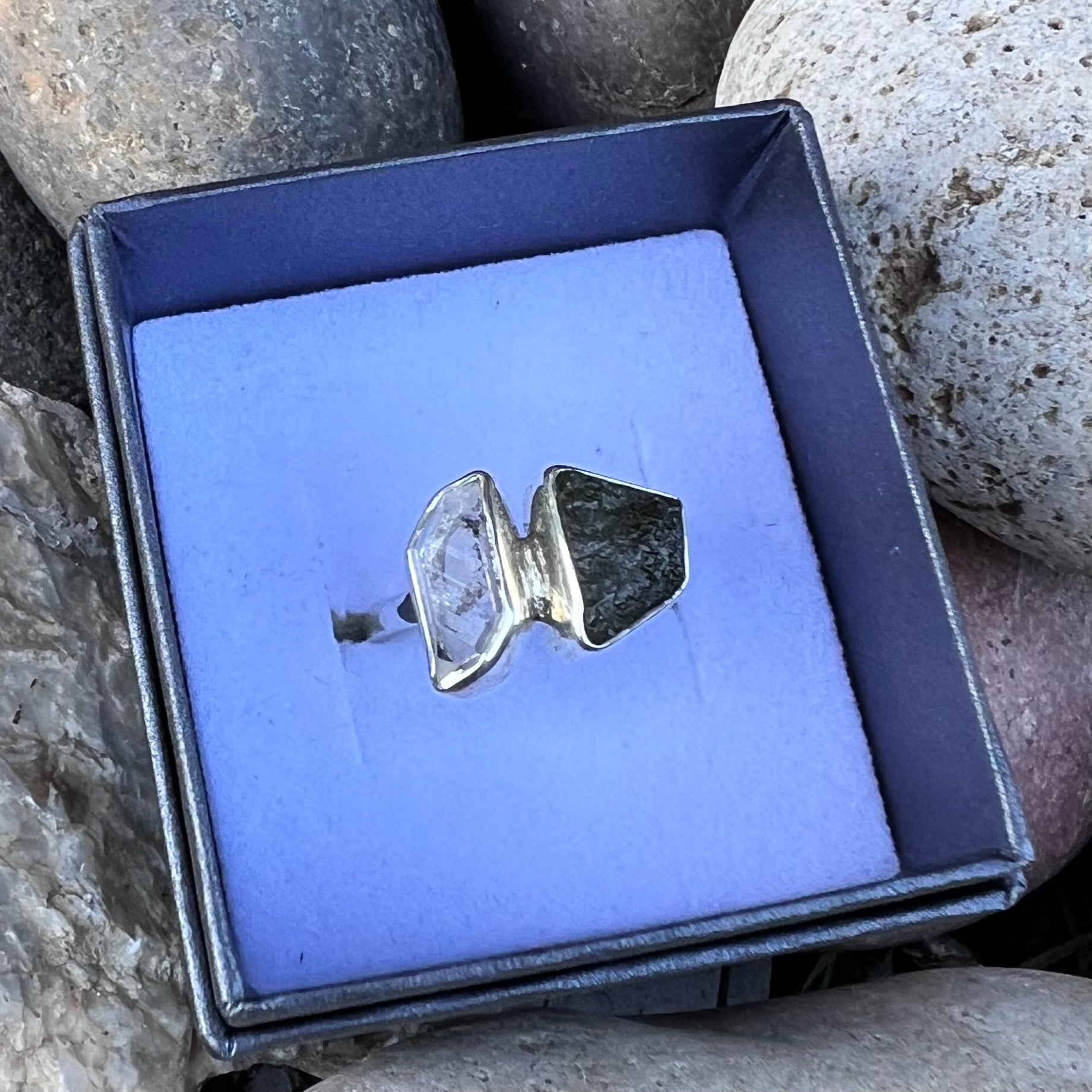 Raw Moldavite and Herkimer Diamond Ring set in Sterling Silver ~ size 7 adjustable