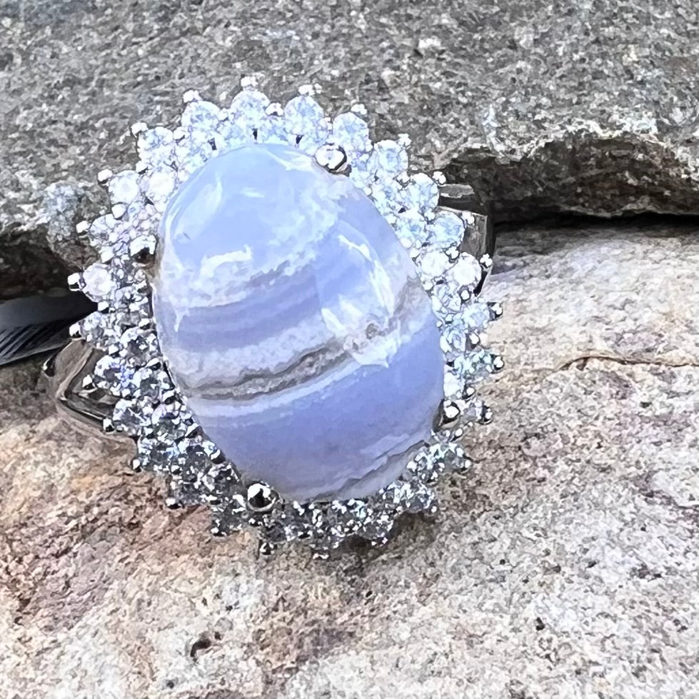 Blue Laced Agate with Moissonite in Sterling Silver Ring ~ size 8