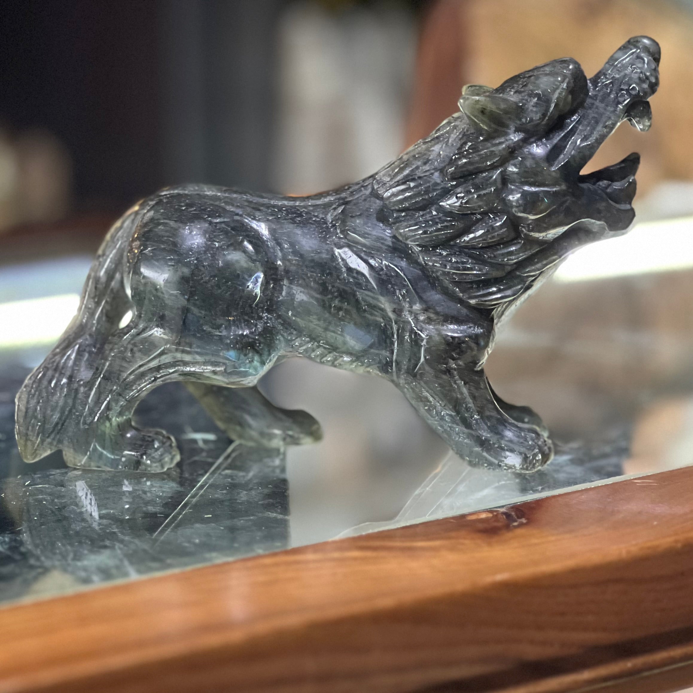 Labradorite Growling Wolf Carving