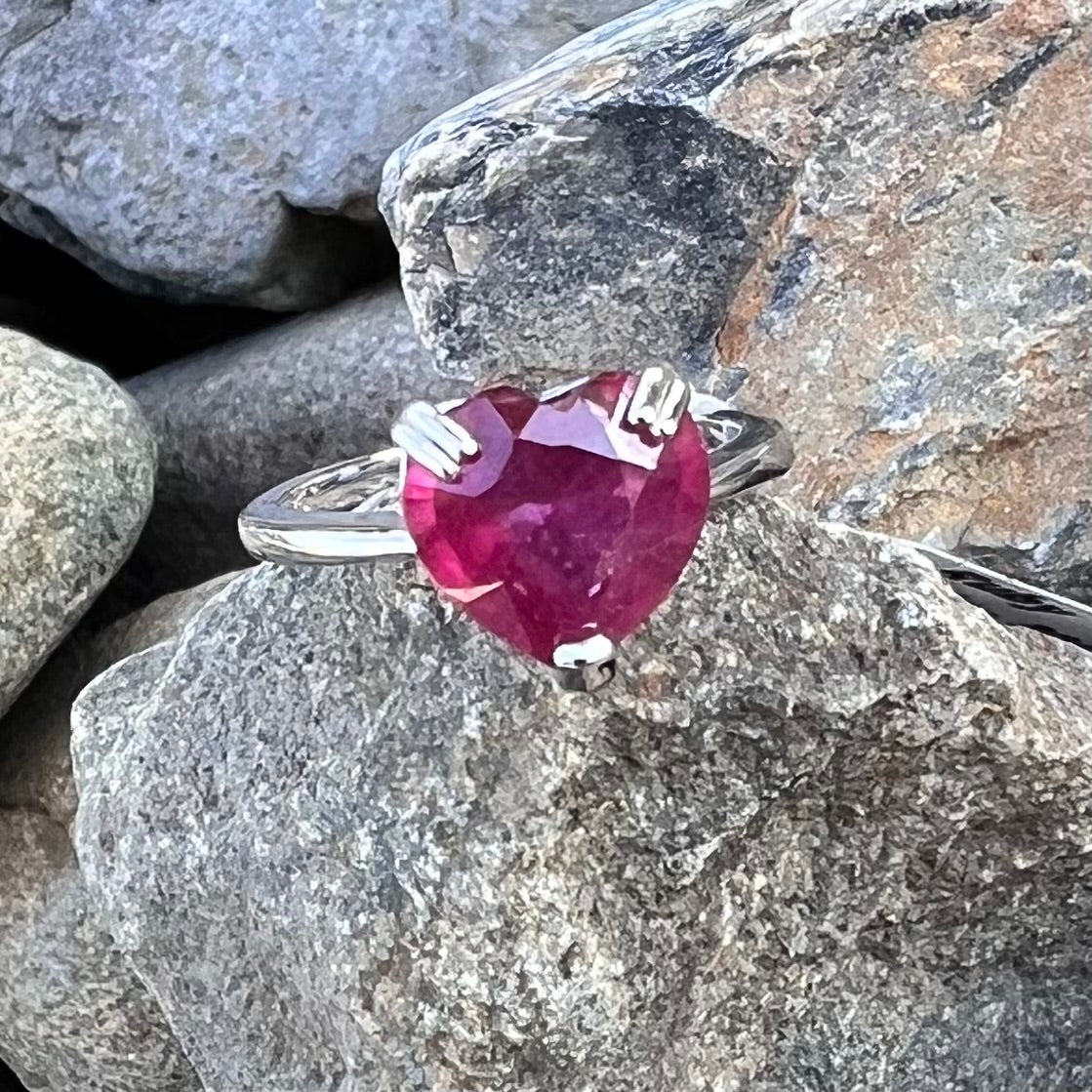 Heart Ruby Sterling Silver Ring ~ 10