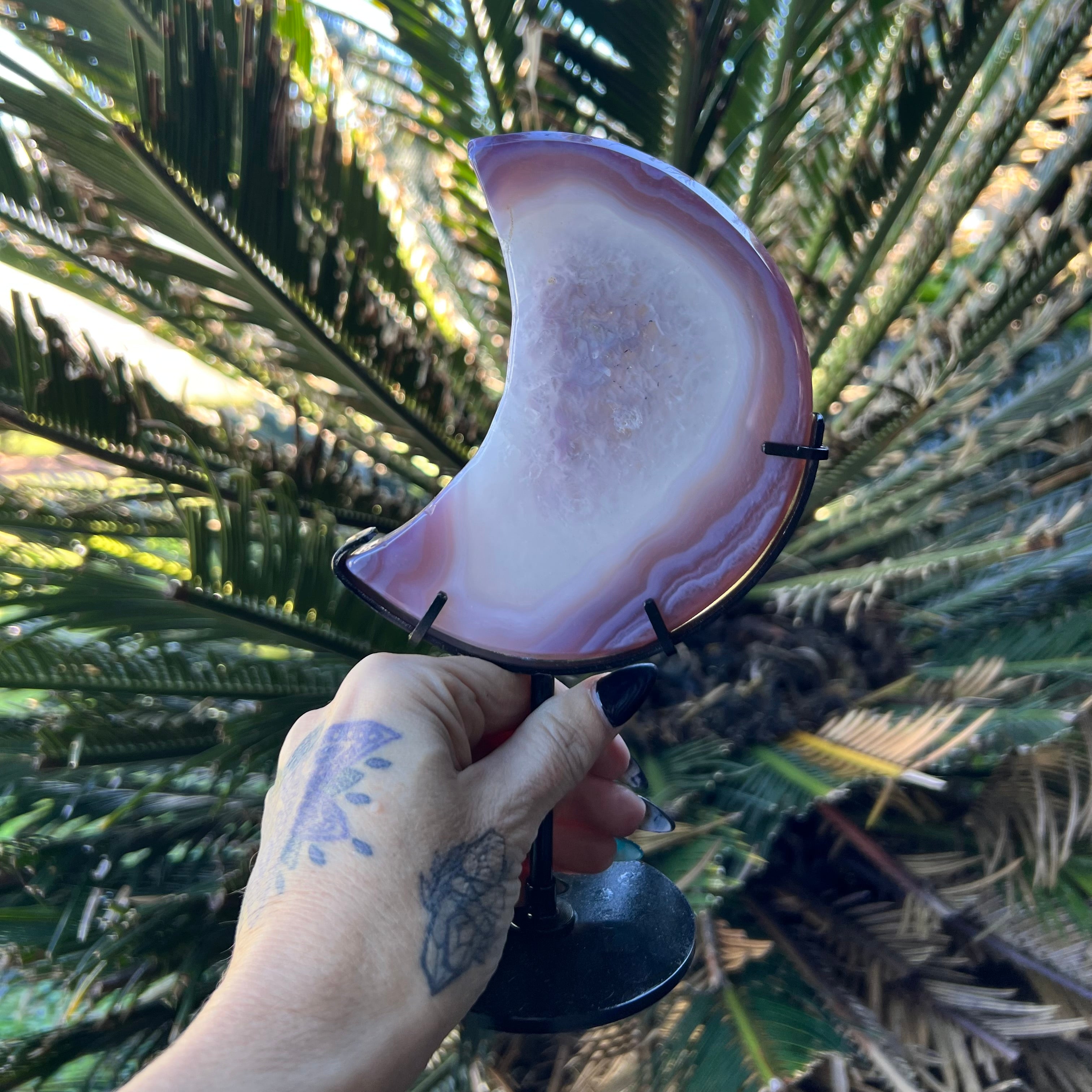 Pink Agate Crescent Moon Carving with Geode - Dyed Agate