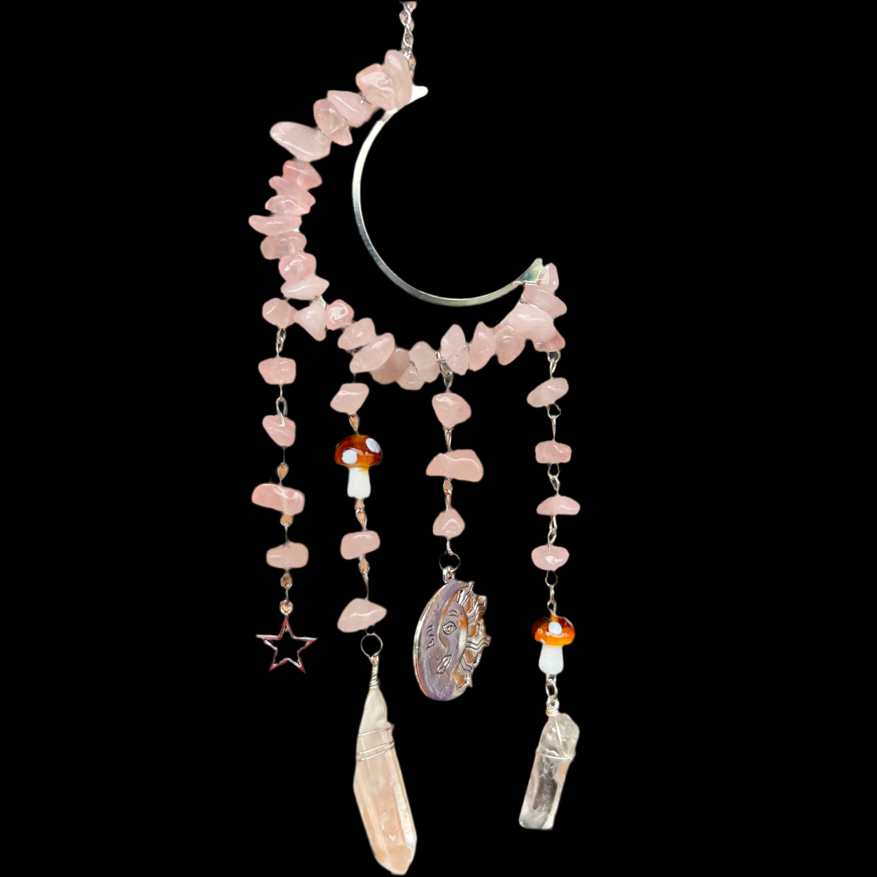 Moon & Mushroom Crystal Hanger ~ Rose Quartz