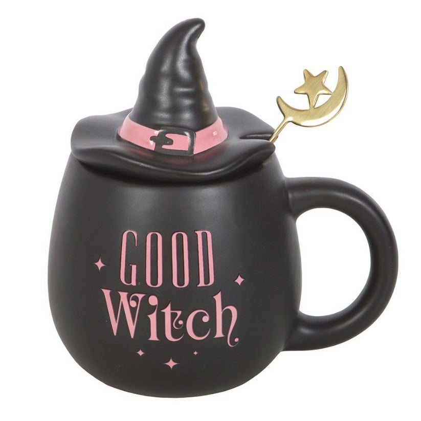 Pink Good Witch ~ Ceramic Mug with Metal Moon Spoon