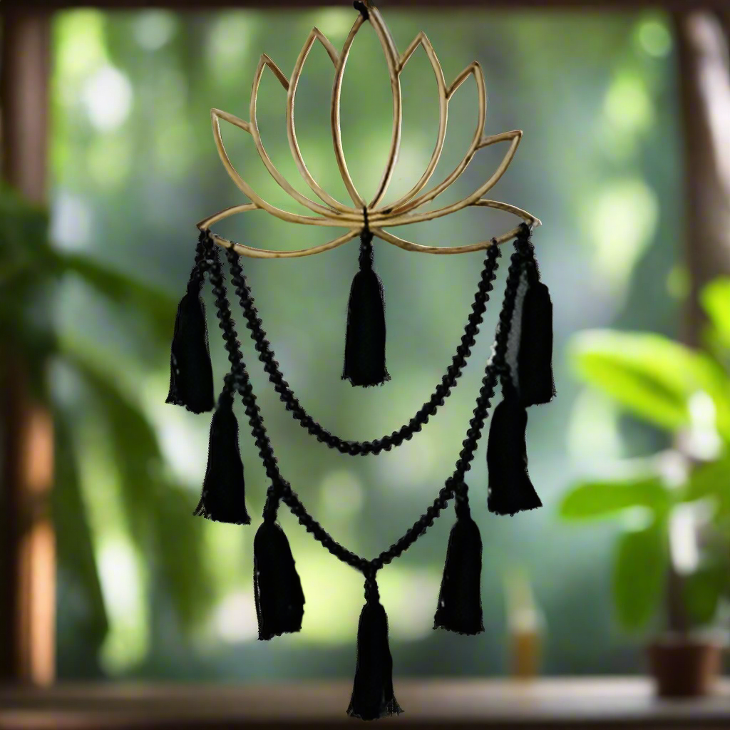 Boho Lotus Black Beaded Macrame Wall Art