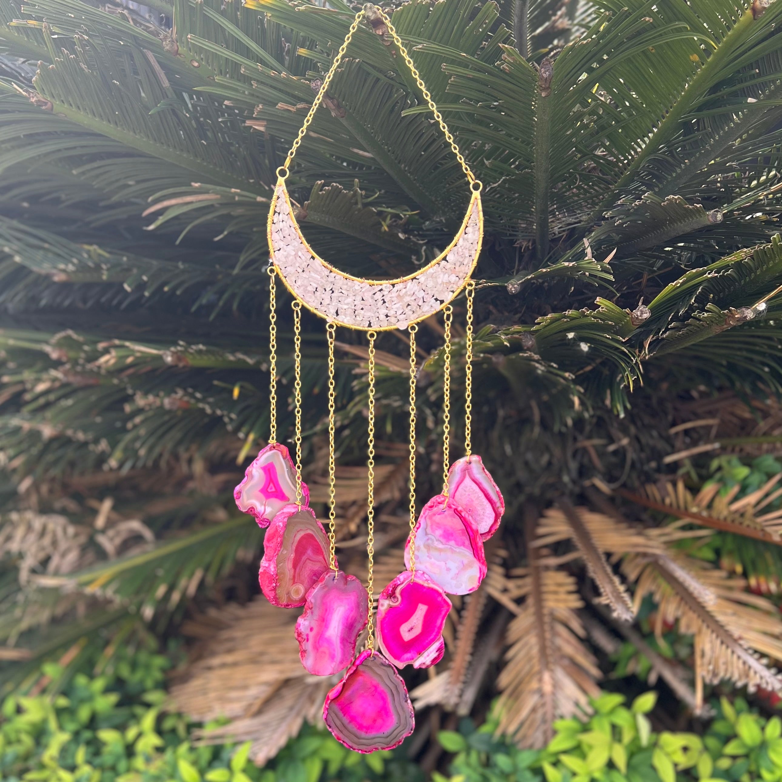 Rose Quartz ~ Dyed Agate ~ Moon Hanger ~ Gold