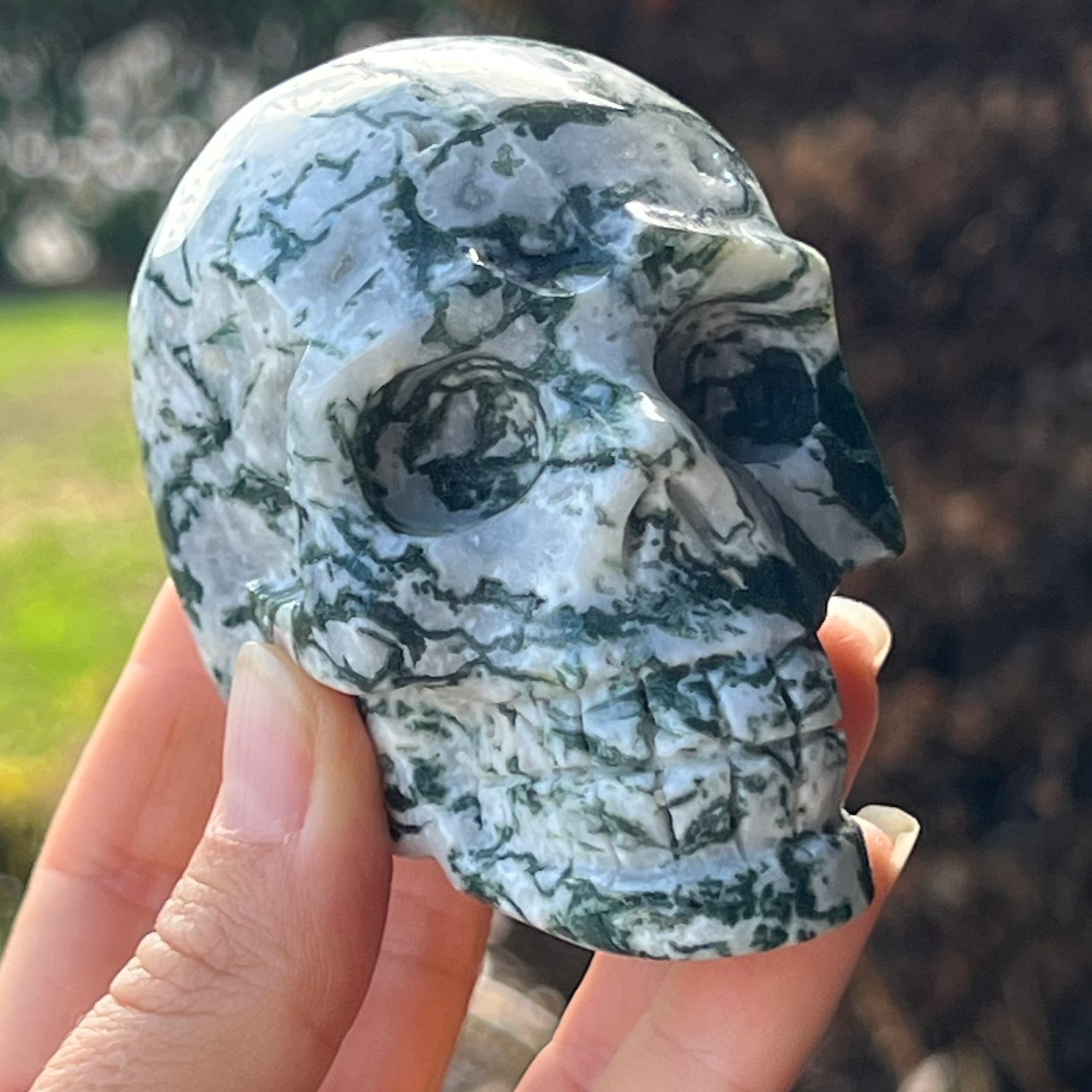 Moss Agate Skull Carving