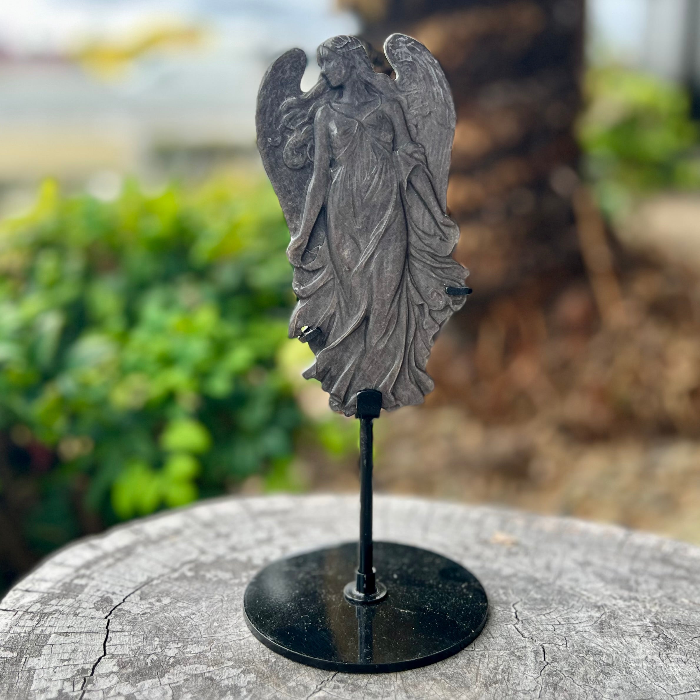 Silver Sheen Obsidian Angel Carving On Stand