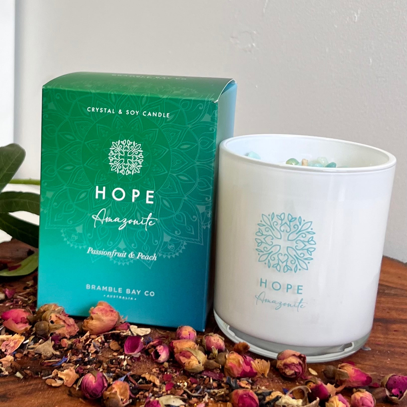 Boho Crystal Hope Candle ~ Amazonite ~ Passionfruit & Peach