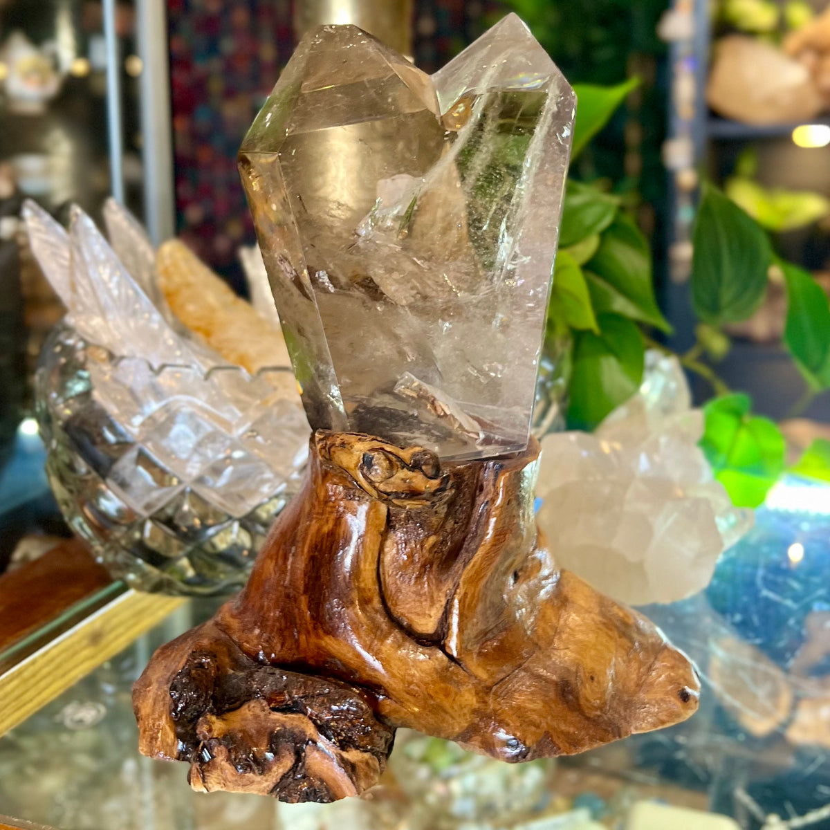 Twin Flame Smoky Quartz on Wooden Base