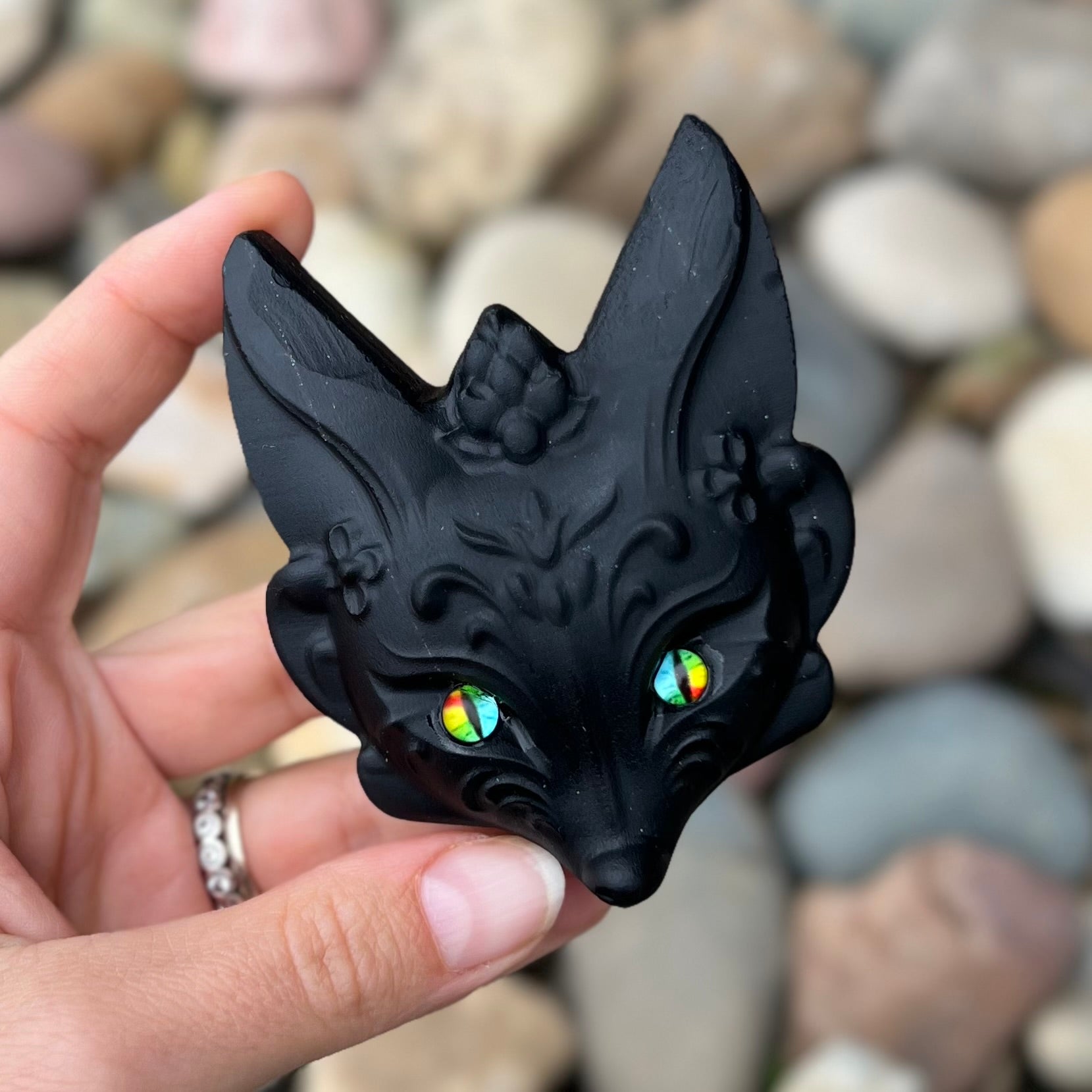 Mystic Obsidian Fox Head ~ Rainbow Eyes