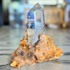 Clear Quartz Semi Raw Generator Point on wooden stand