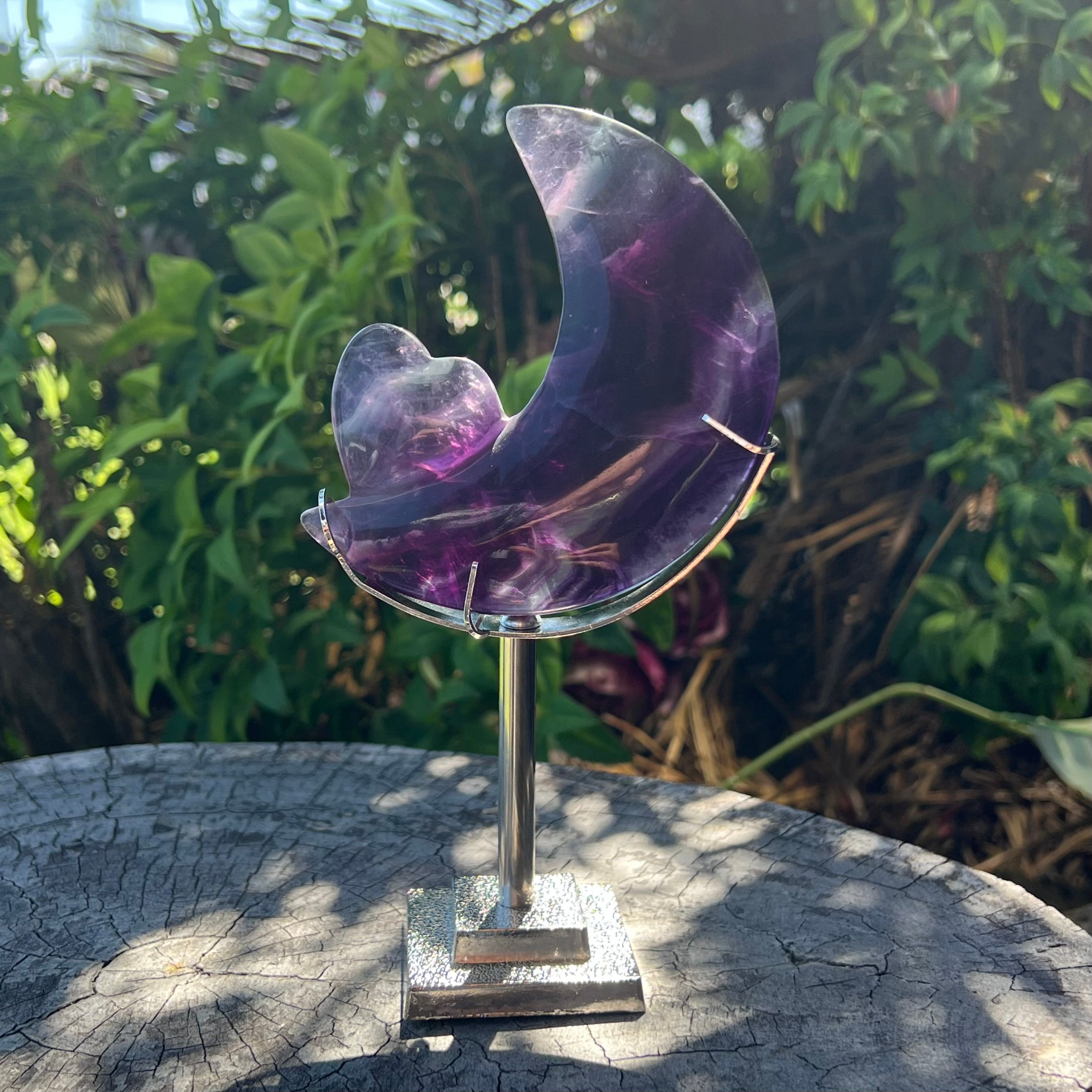 Rainbow Fluorite Crescent Moon and Heart on Stand