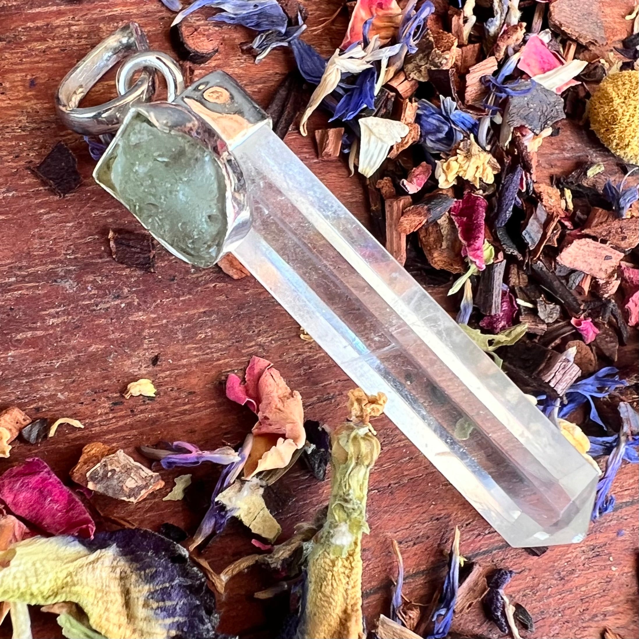 Clear Quartz with Moldavite Sterling Silver Pendant