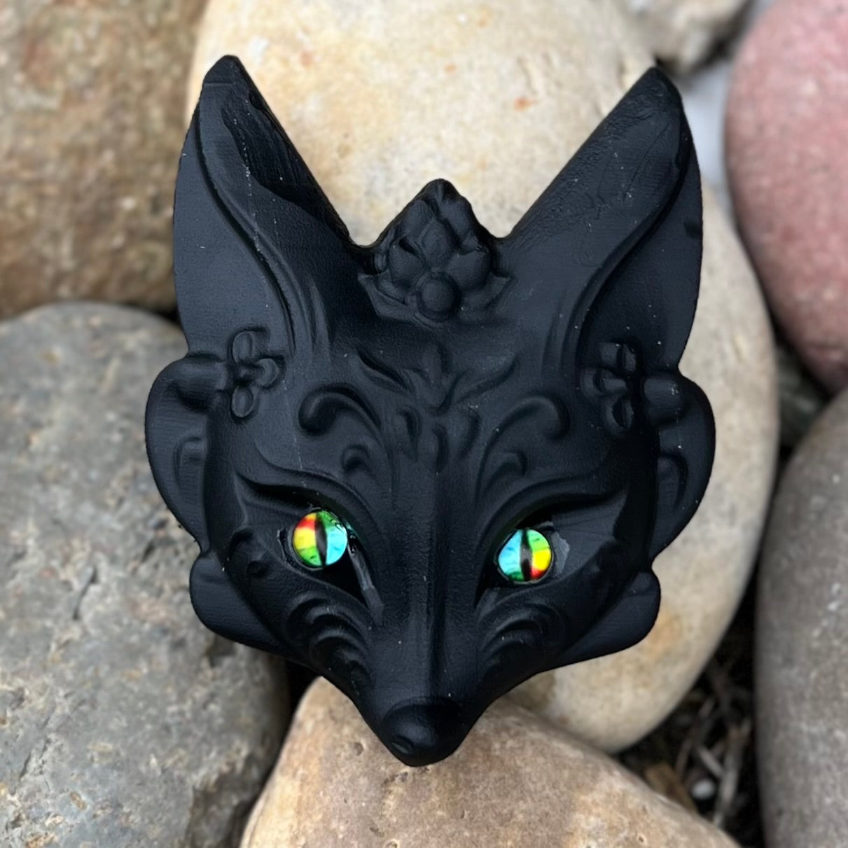 Mystic Obsidian Fox Head ~ Rainbow Eyes