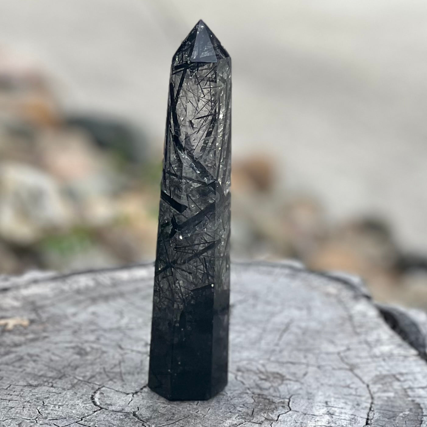 Black Tourmaline in Clear Protective Generator Quartz Tower