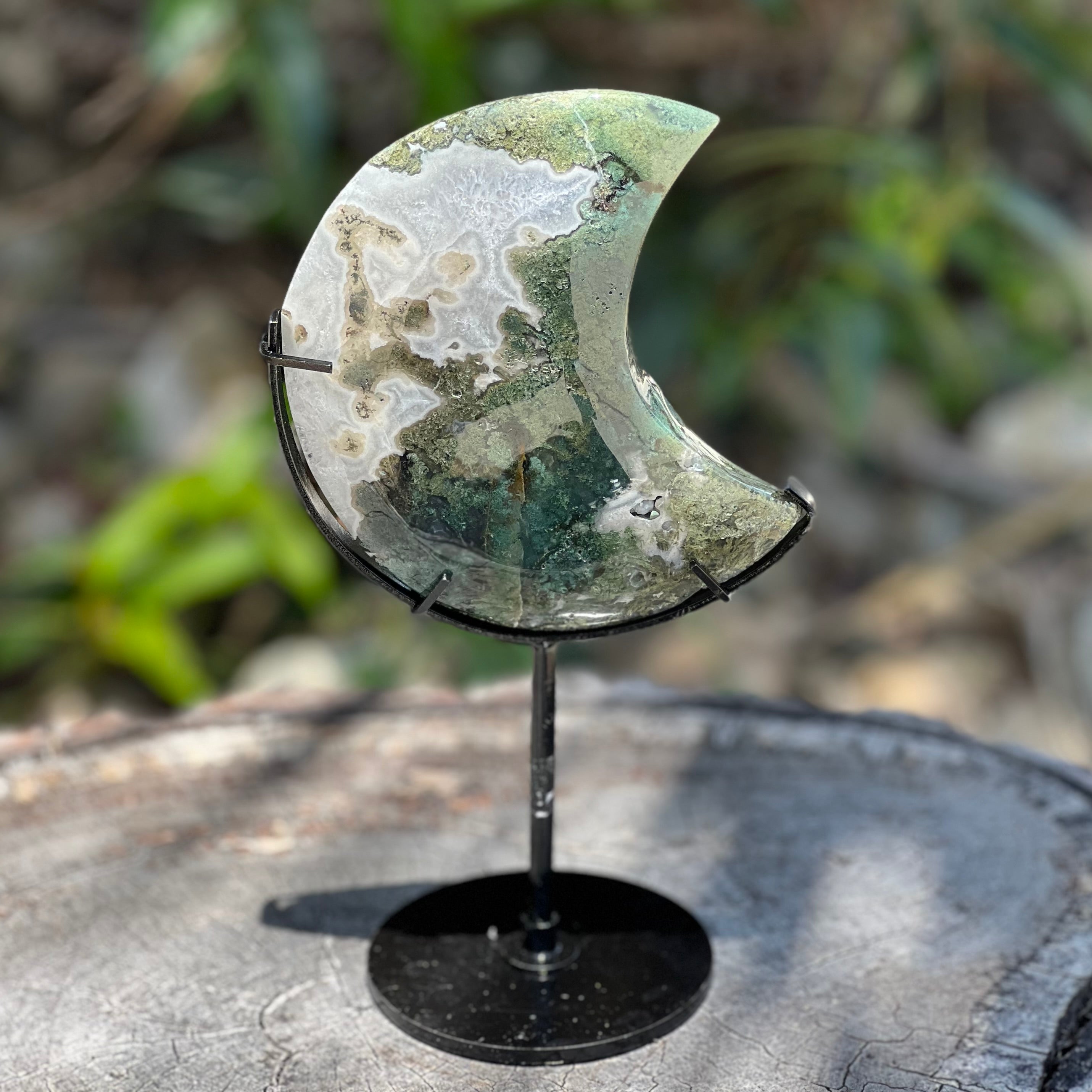 Moss Agate Crescent Moon on Stand