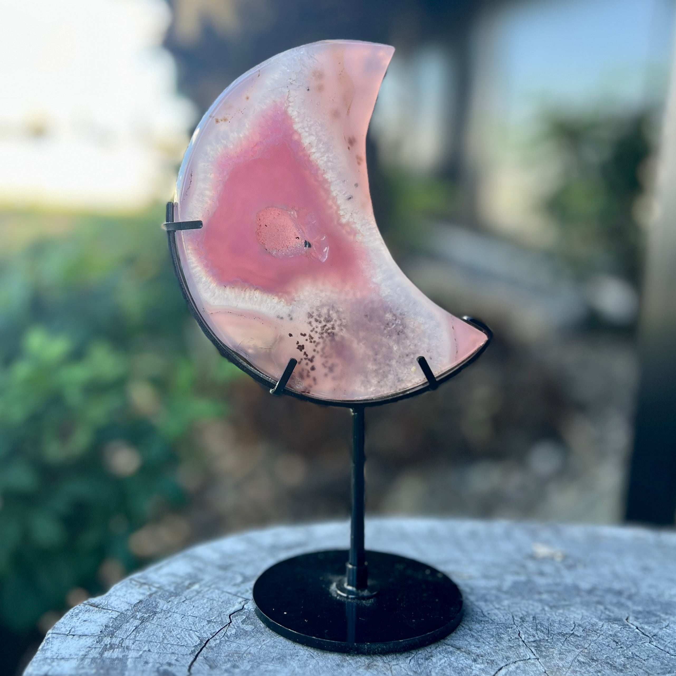 Pink Agate Druzy~ Moon Carving on Stand