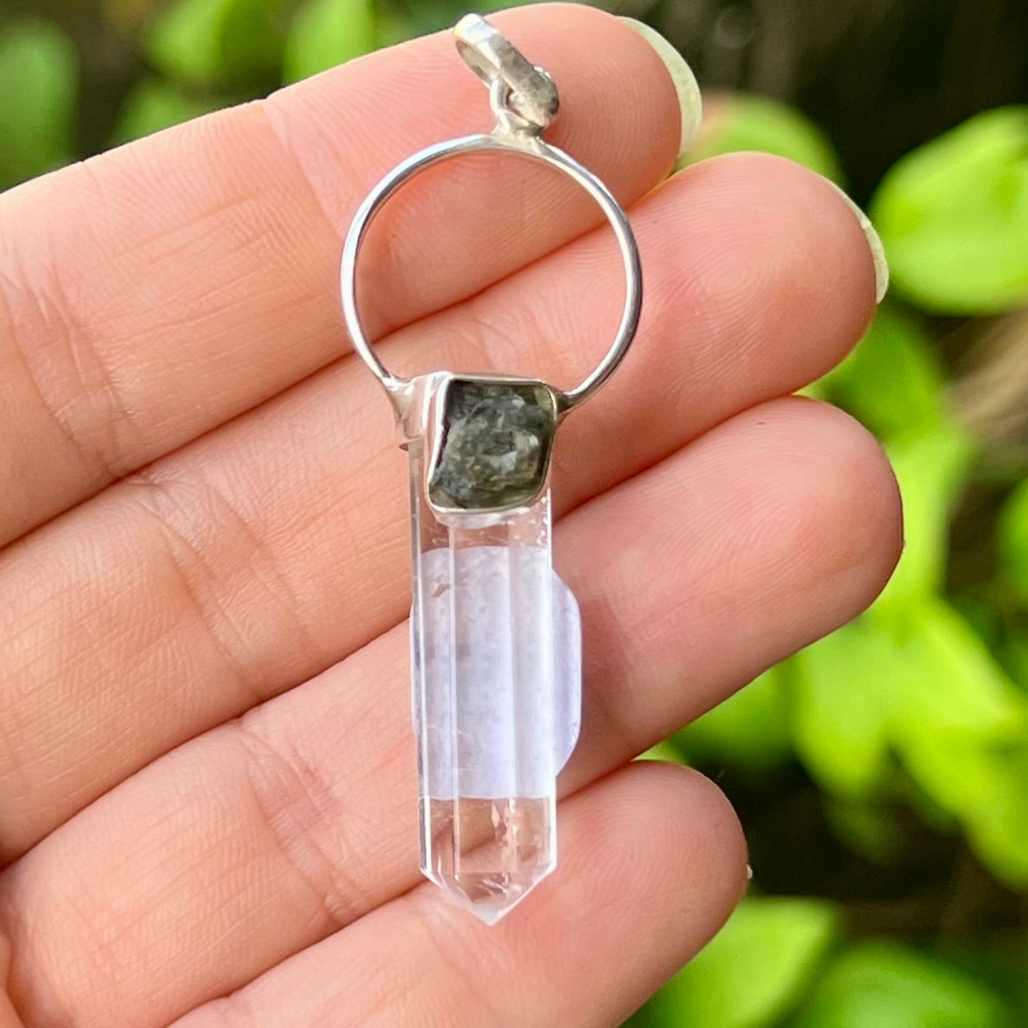 Clear Quartz with Moldavite Sterling Silver Pendant