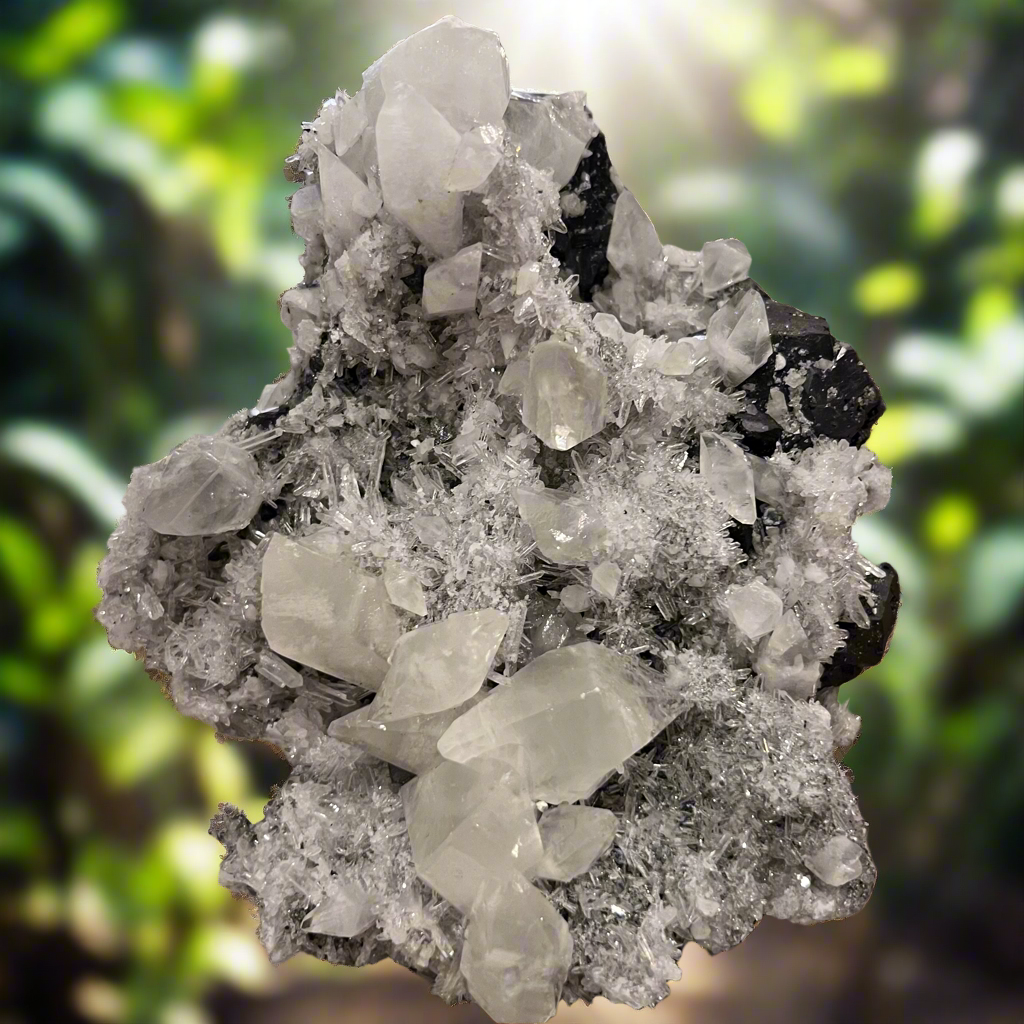 Natural Apophyllite on Black Tourmaline Cluster