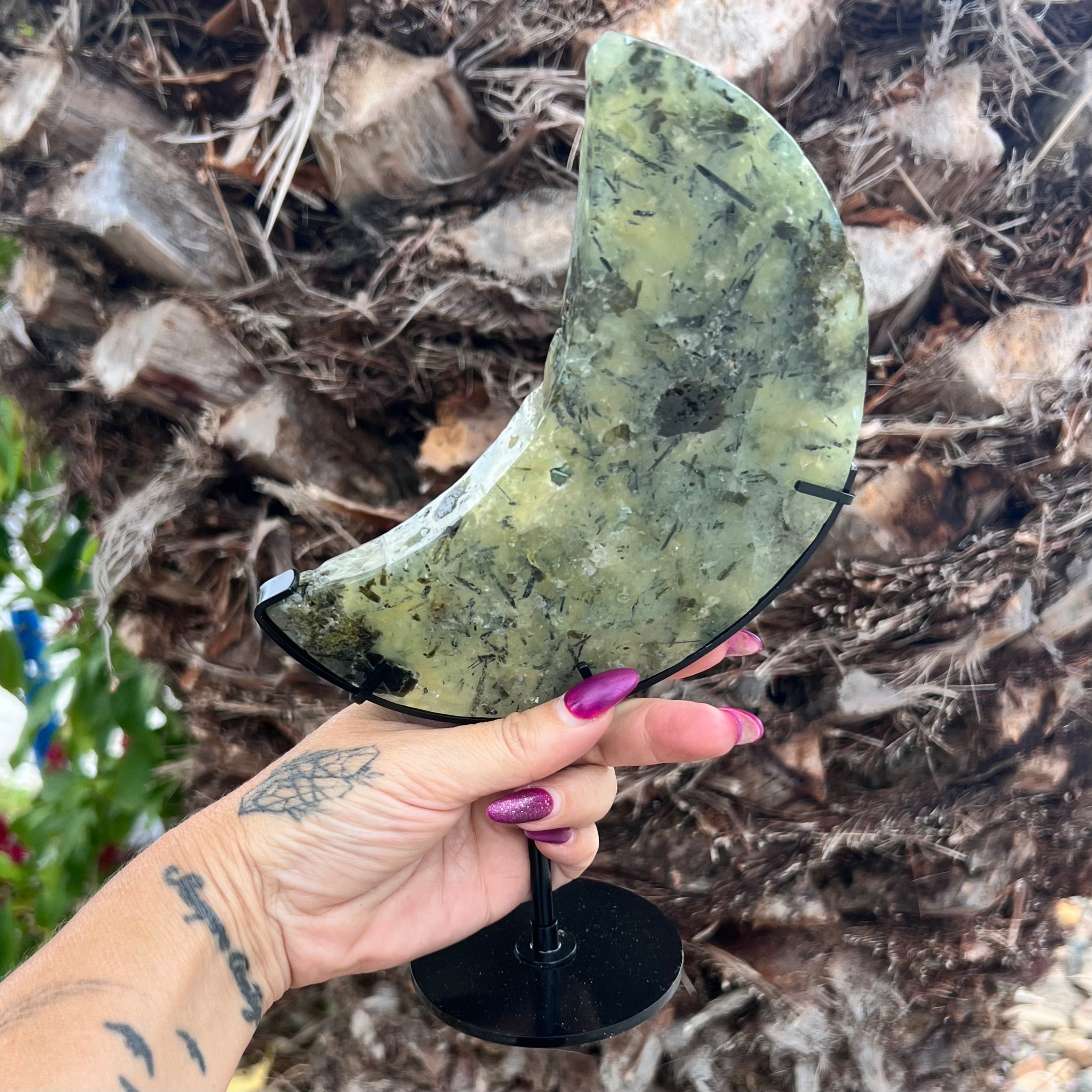 Prehnite Crescent Moon of Protection on Stand