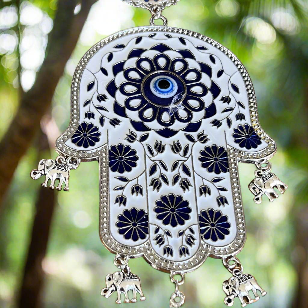 Hamsa Protection Evil Eye Hanger ~ White /Blue