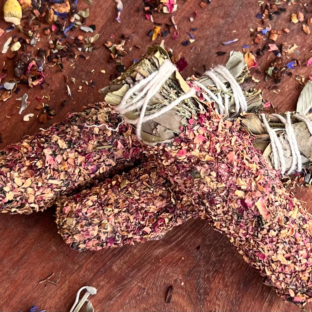 Herbal Smudge Stick dipped in Rose Petals