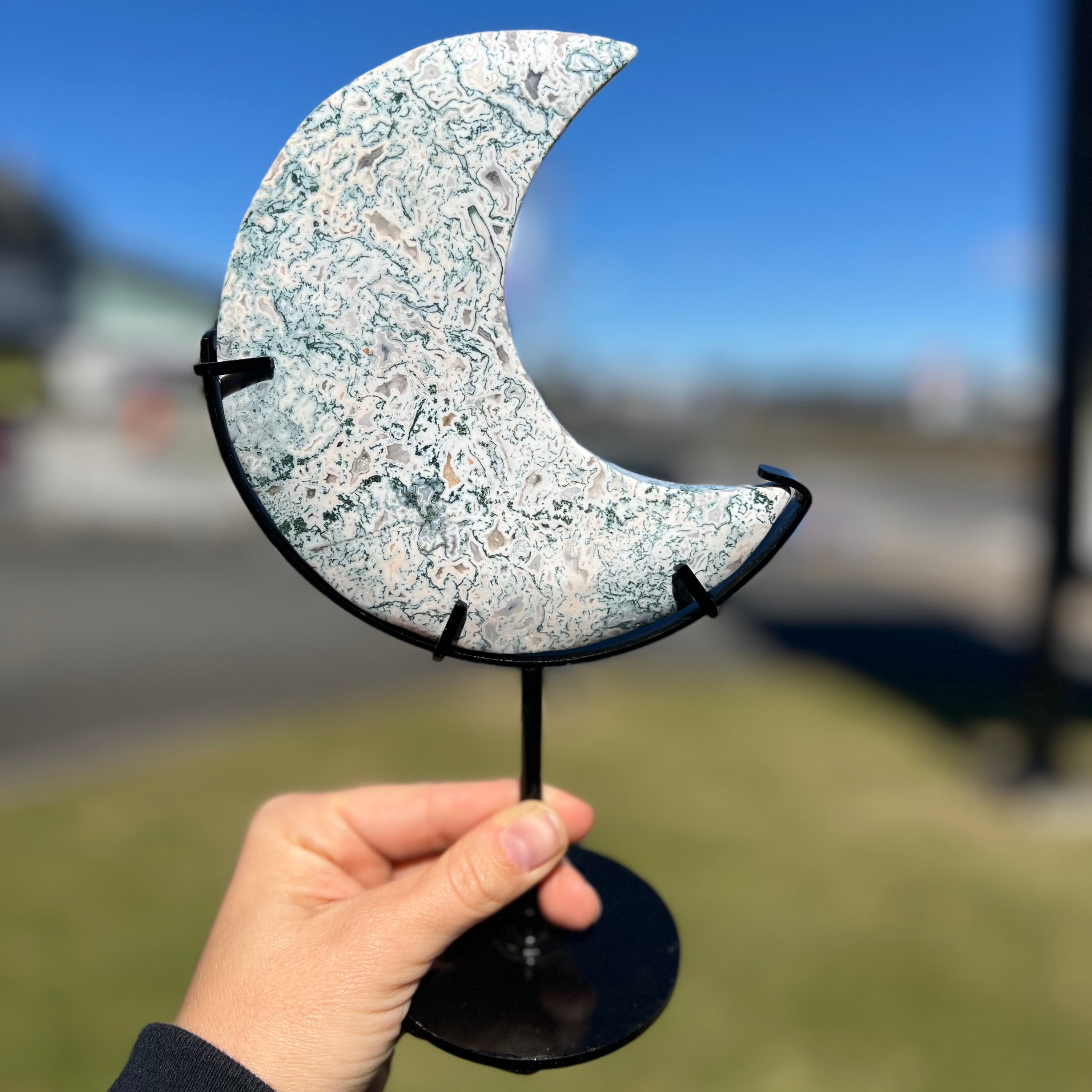 Moss Agate Crescent Moon Carving
