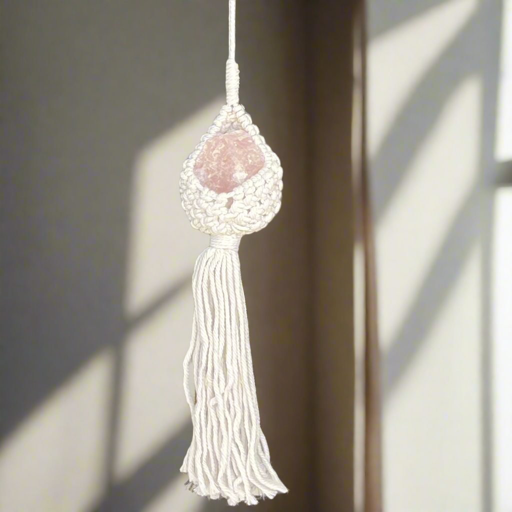 Raw Rose Quartz in Huggy Macrame Hanger