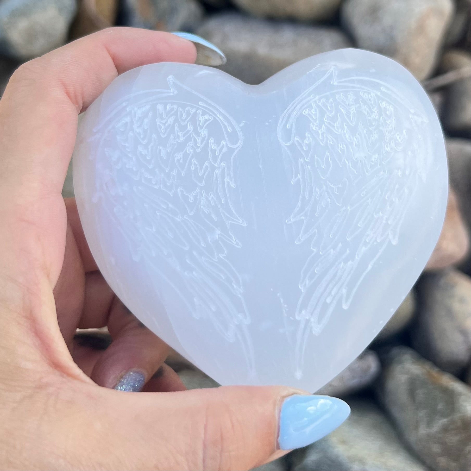 Selenite Angel Wings Heart Carving ~ Large