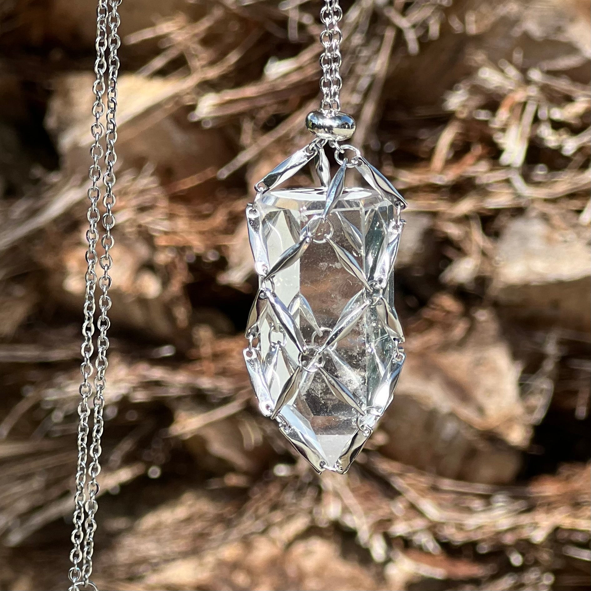 Glam Crystal Tumble Cage Necklace - Silver Extra Large