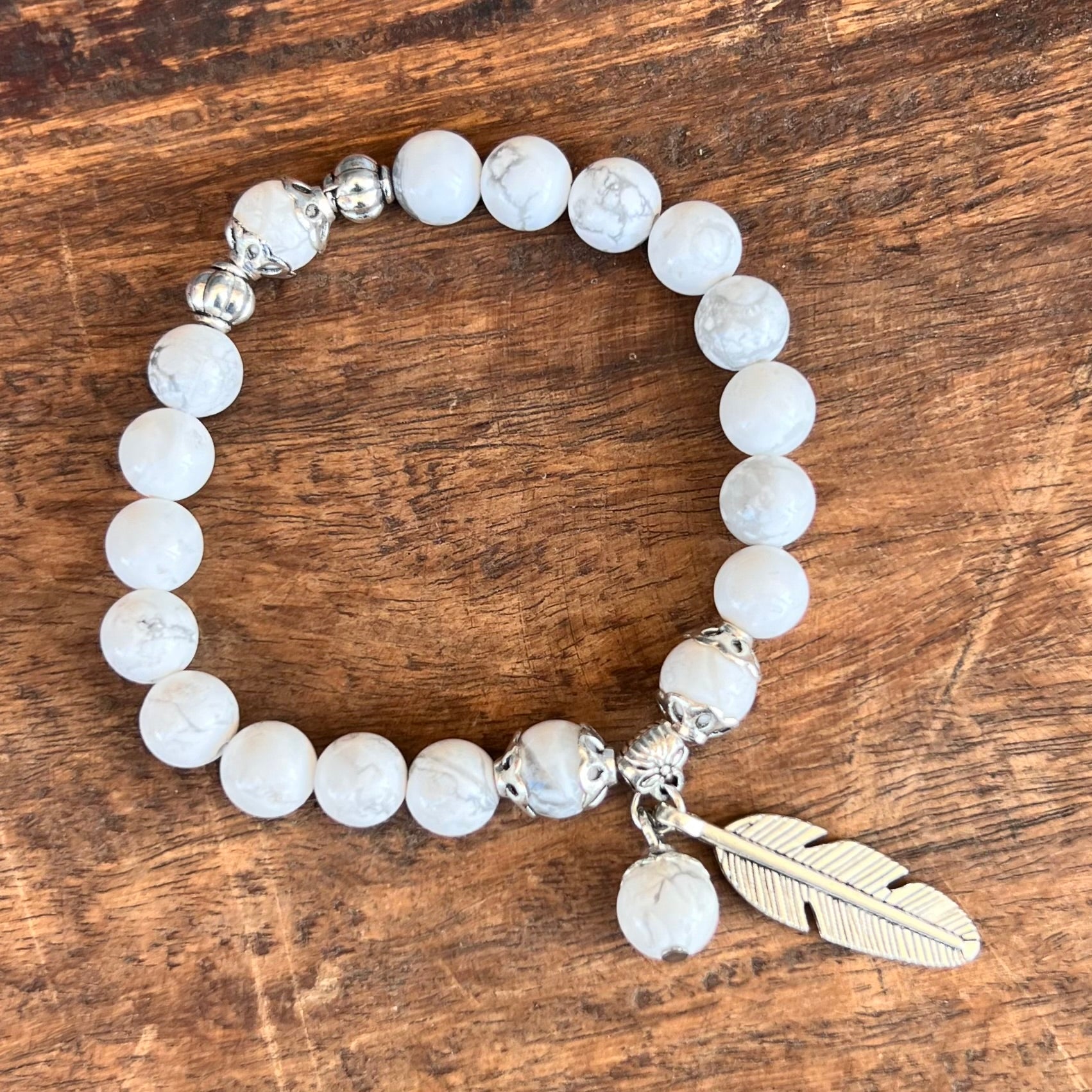 White Howlite Calming Bracelet with Feather Charm