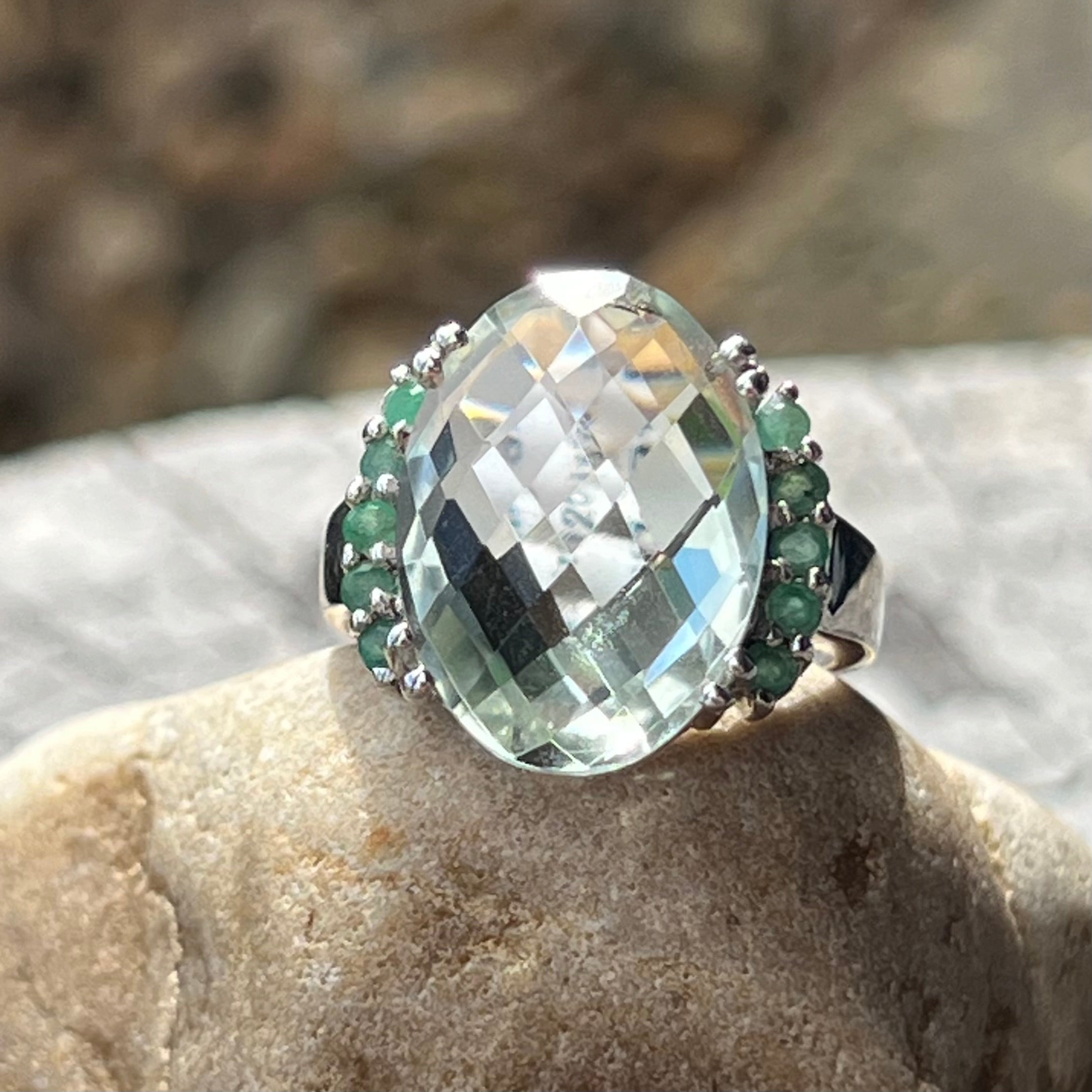 Prasiolite + Emerald Sterling Silver Ring ~ 7